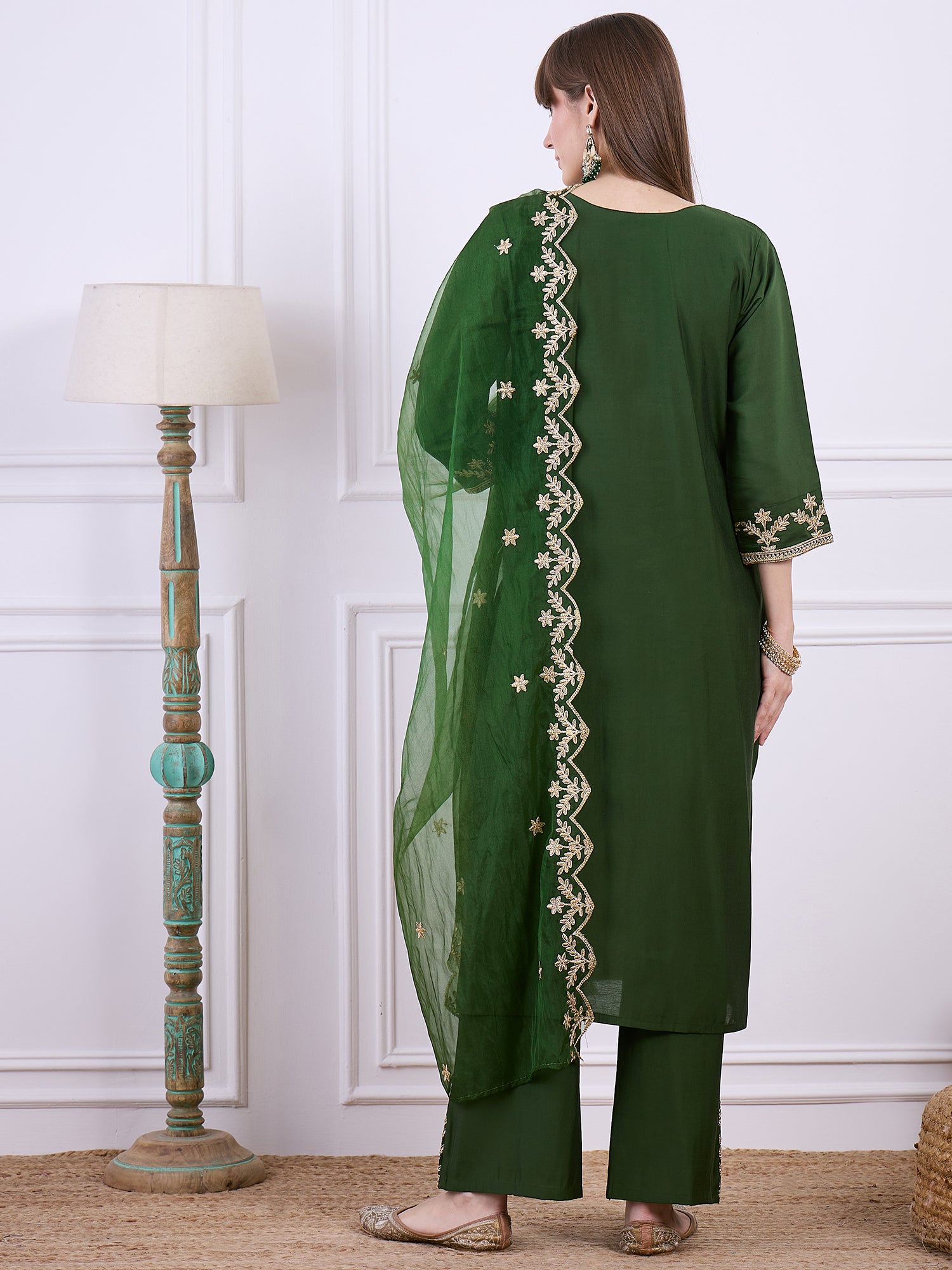 Heer Green Floral Embroidered Thread Work Kurta with Palazzo & Dupatta Suits