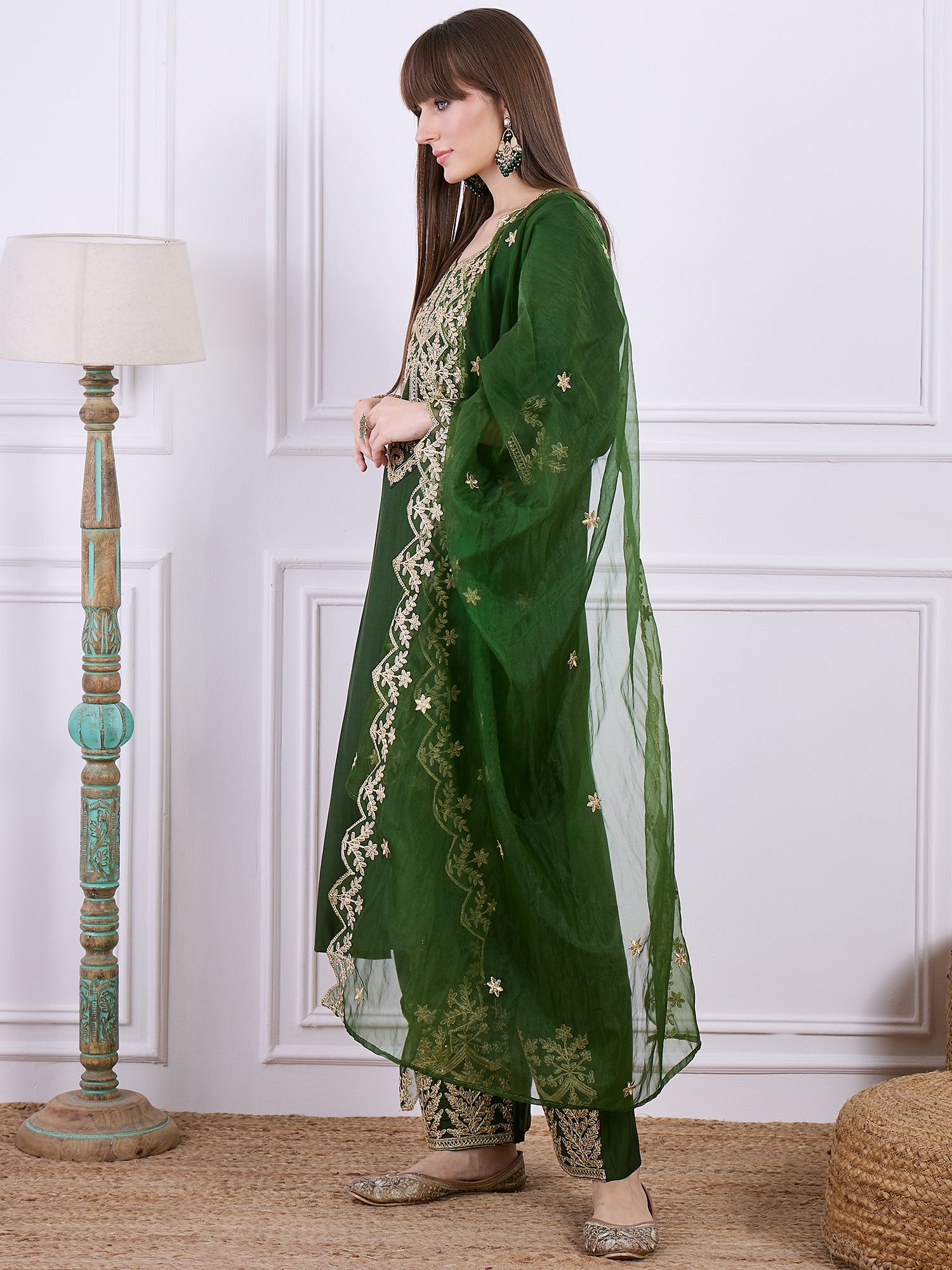 Heer Green Floral Embroidered Thread Work Kurta with Palazzo & Dupatta Suits