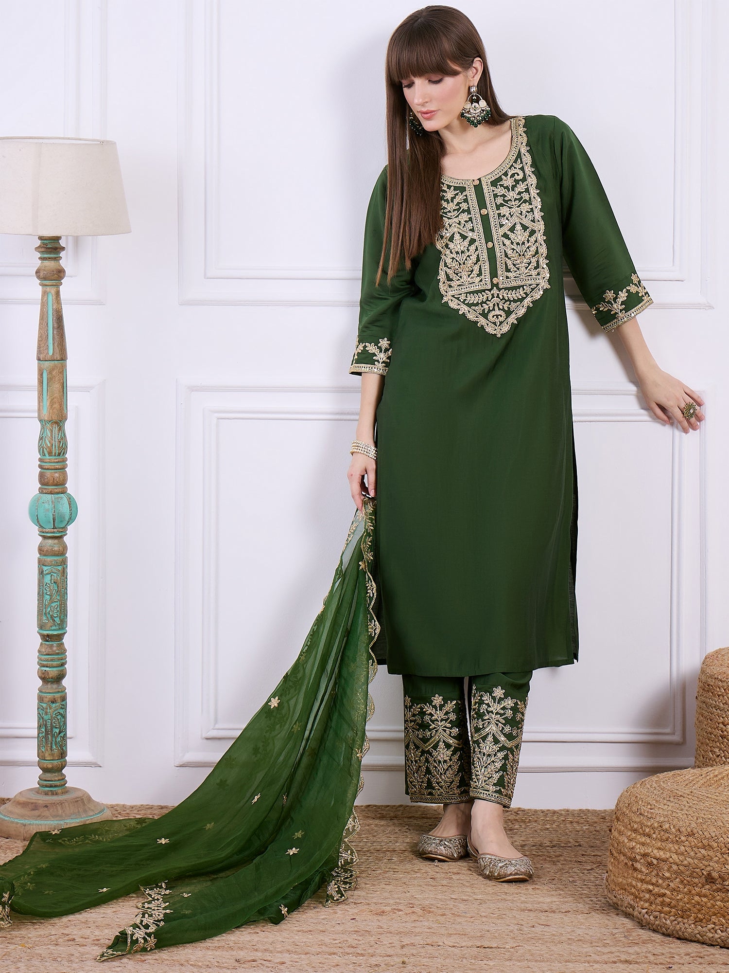 Heer Green Floral Embroidered Thread Work Kurta with Palazzo & Dupatta Suits