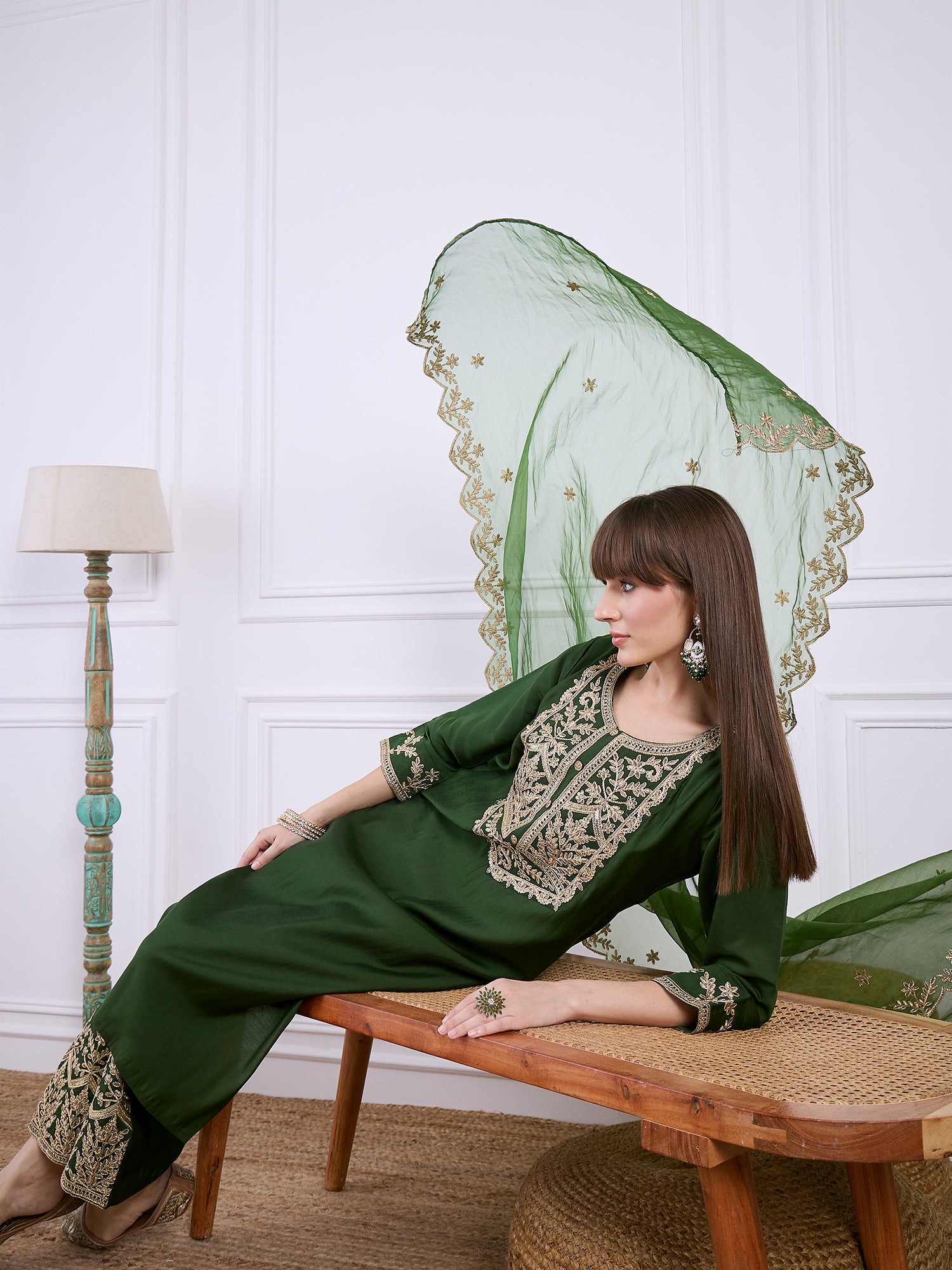 Heer Green Floral Embroidered Thread Work Kurta with Palazzo & Dupatta Suits