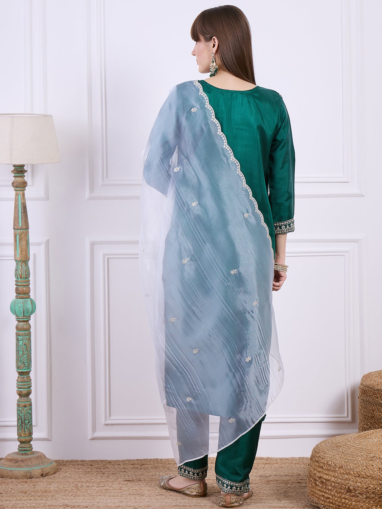 Triveni Silk Blend Kurta and Trouser Set with Organza Dupatta