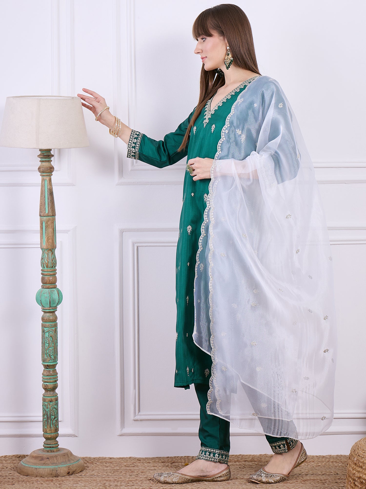Triveni Silk Blend Kurta and Trouser Set with Organza Dupatta