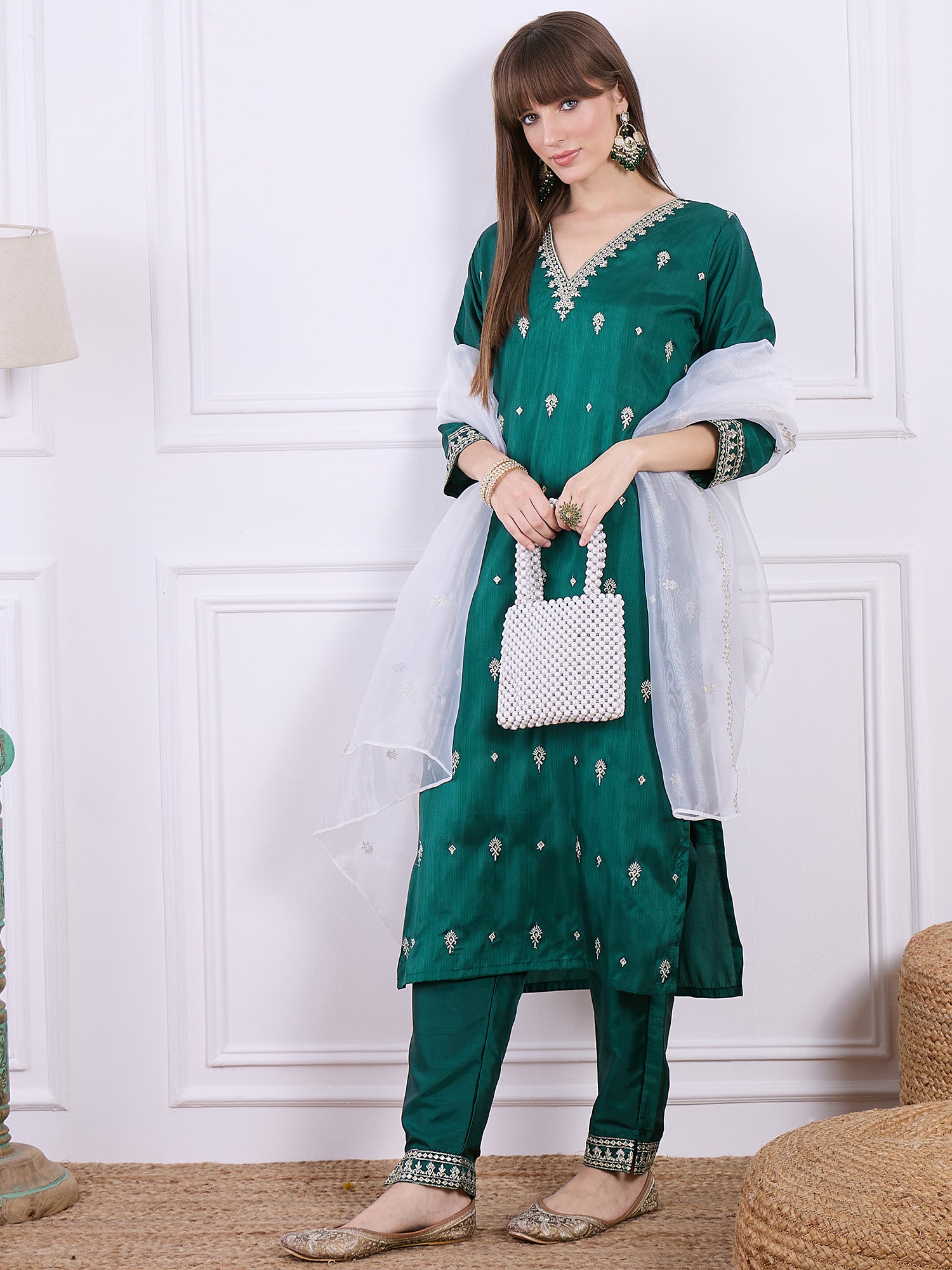 Triveni Silk Blend Kurta and Trouser Set with Organza Dupatta