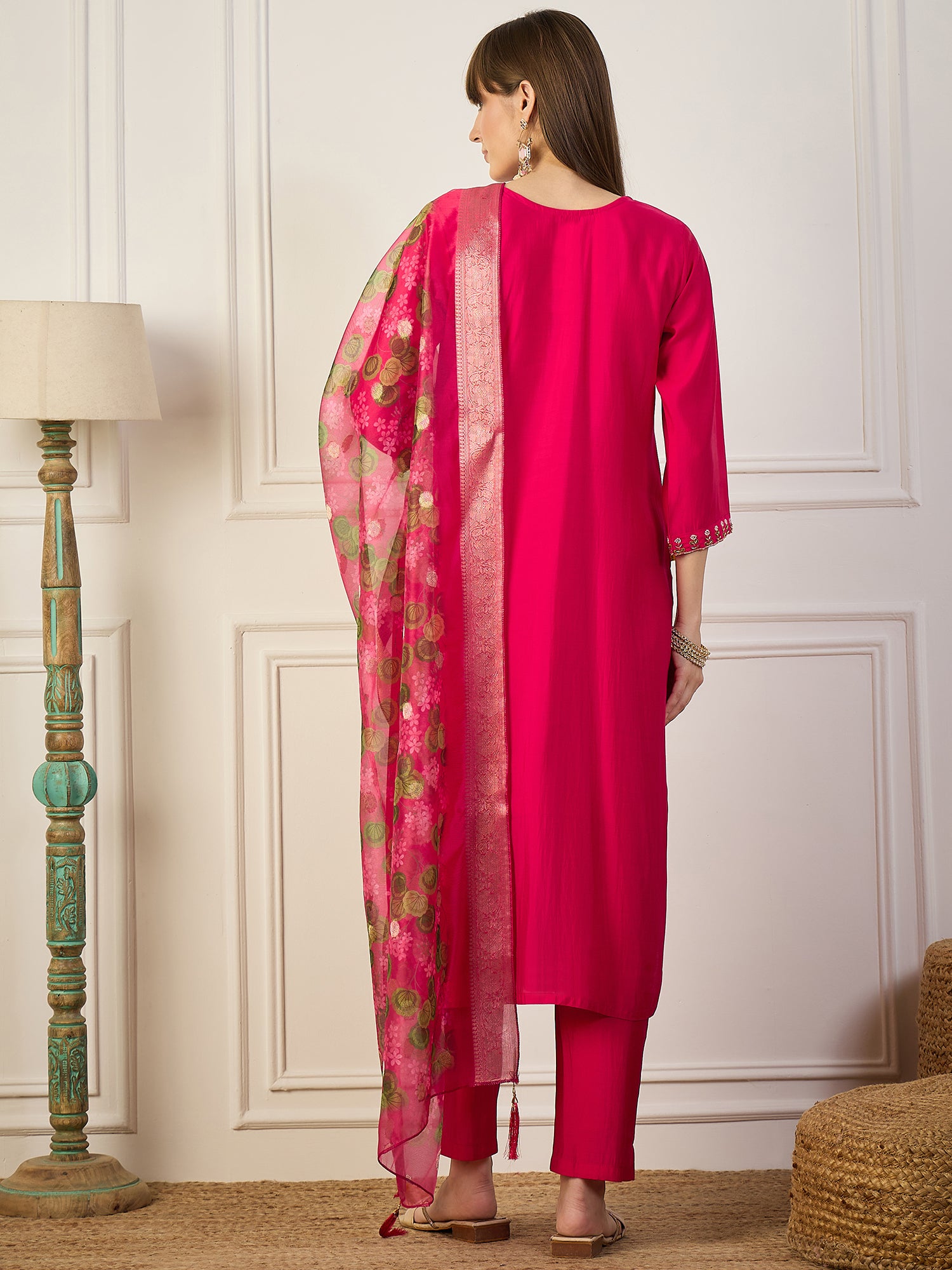 Neena Pink Embroidered Women Kurta Sets With Dupatta Straight Suits