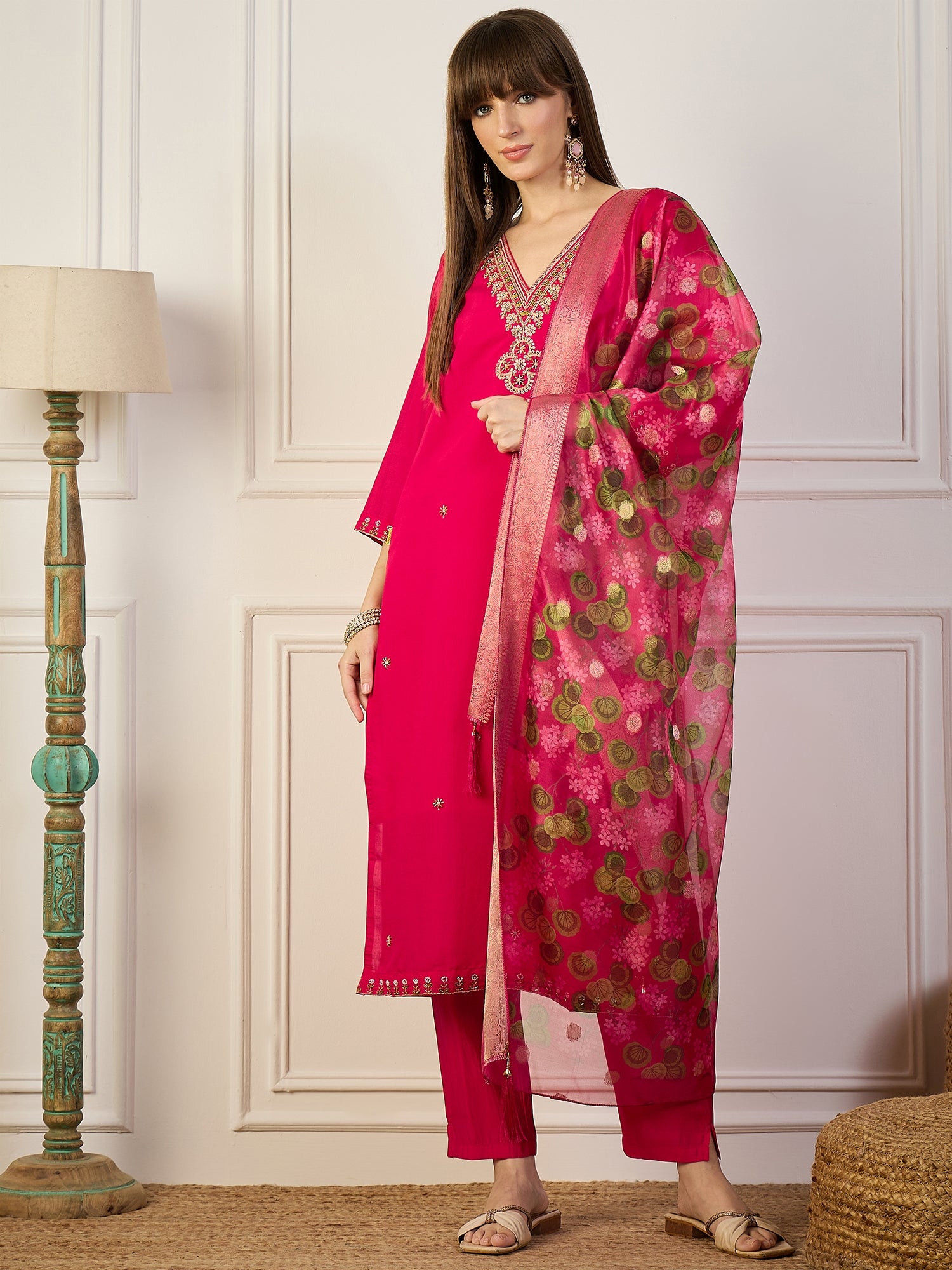 Neena Pink Embroidered Women Kurta Sets With Dupatta Straight Suits