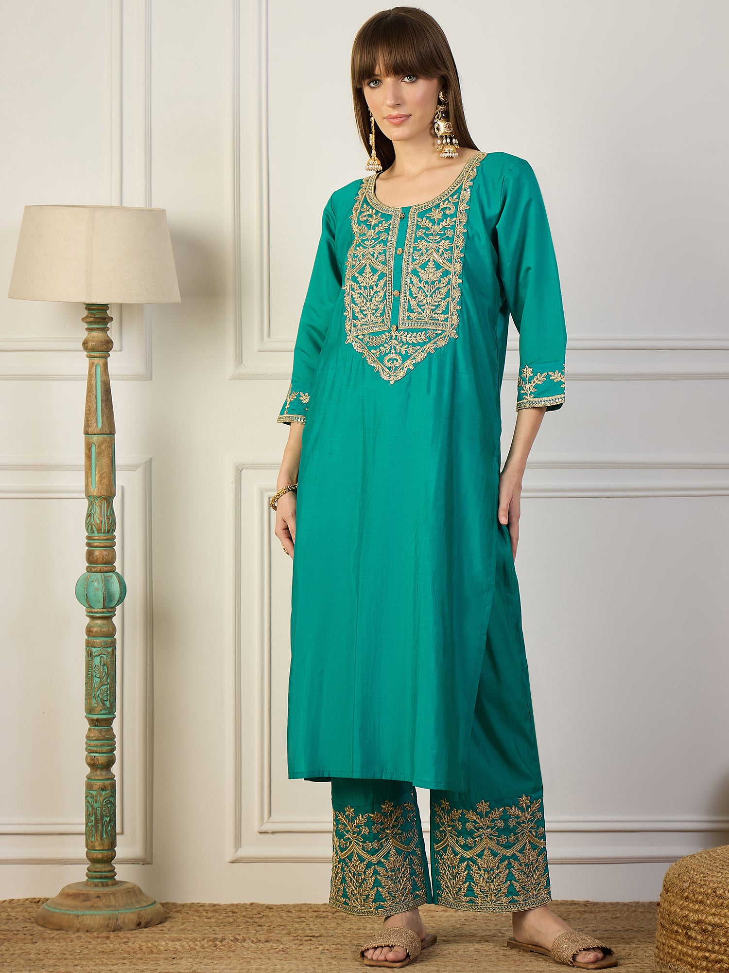 Heer Blue Floral Embroidered Thread Work Kurta with Palazzo & Dupatta Suits