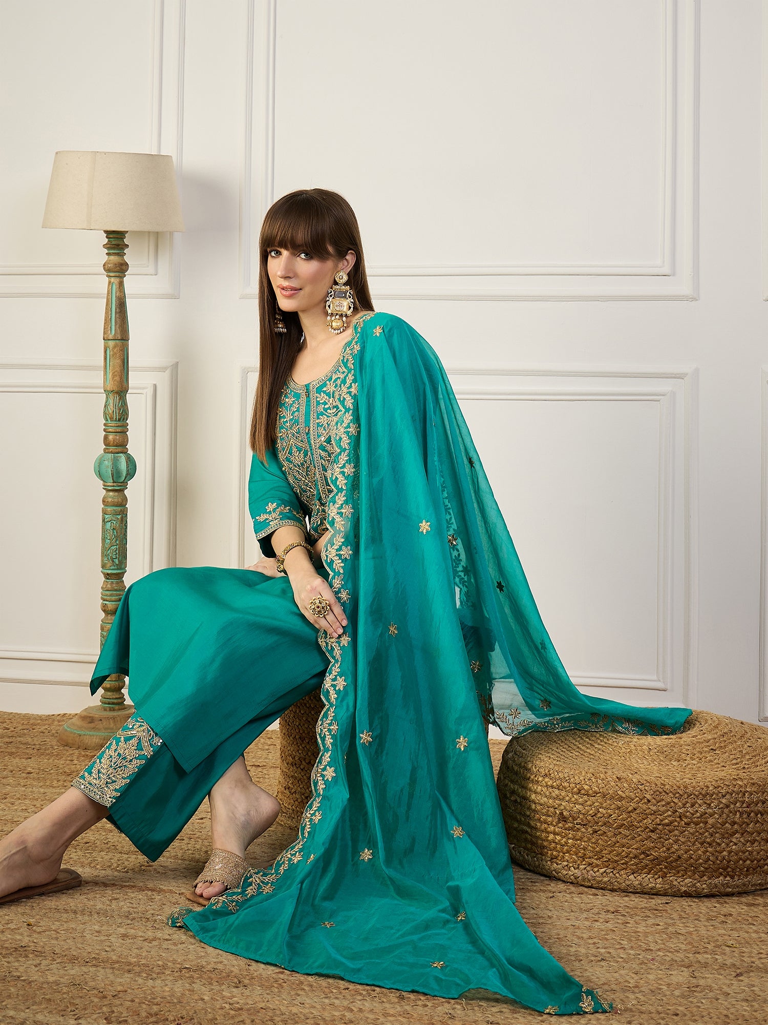Heer Blue Floral Embroidered Thread Work Kurta with Palazzo & Dupatta Suits