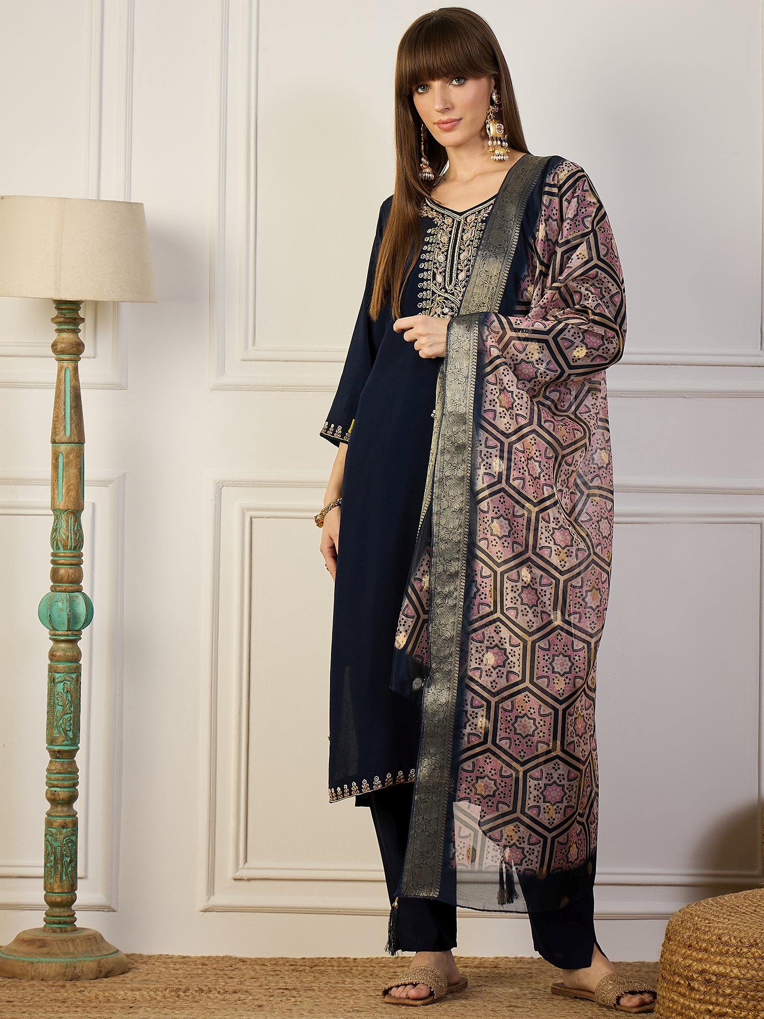 Abhiprithi Blue Embroidered Women Kurta Sets With Dupatta Straight Suits
