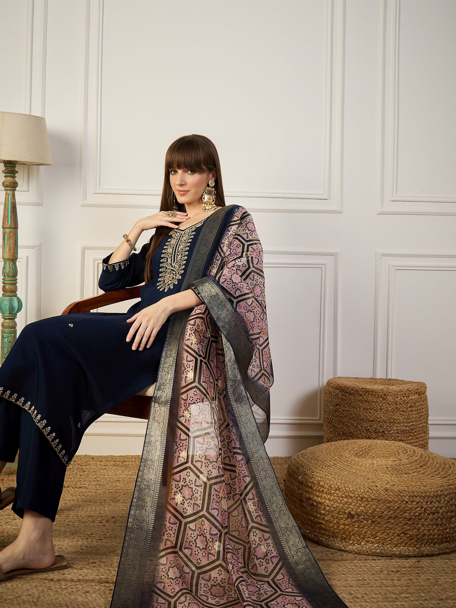 Abhiprithi Blue Embroidered Women Kurta Sets With Dupatta Straight Suits