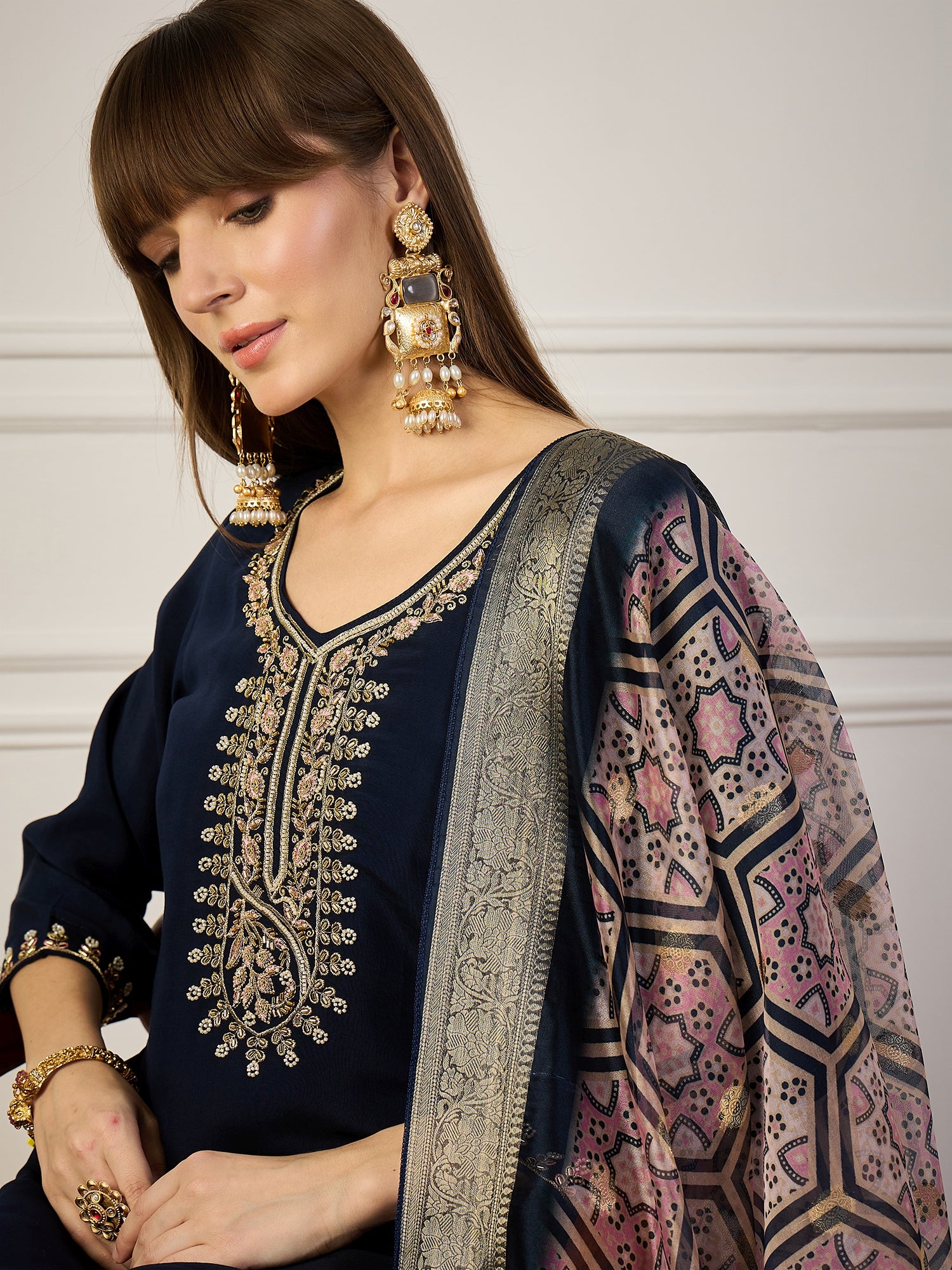 Abhiprithi Blue Embroidered Women Kurta Sets With Dupatta Straight Suits