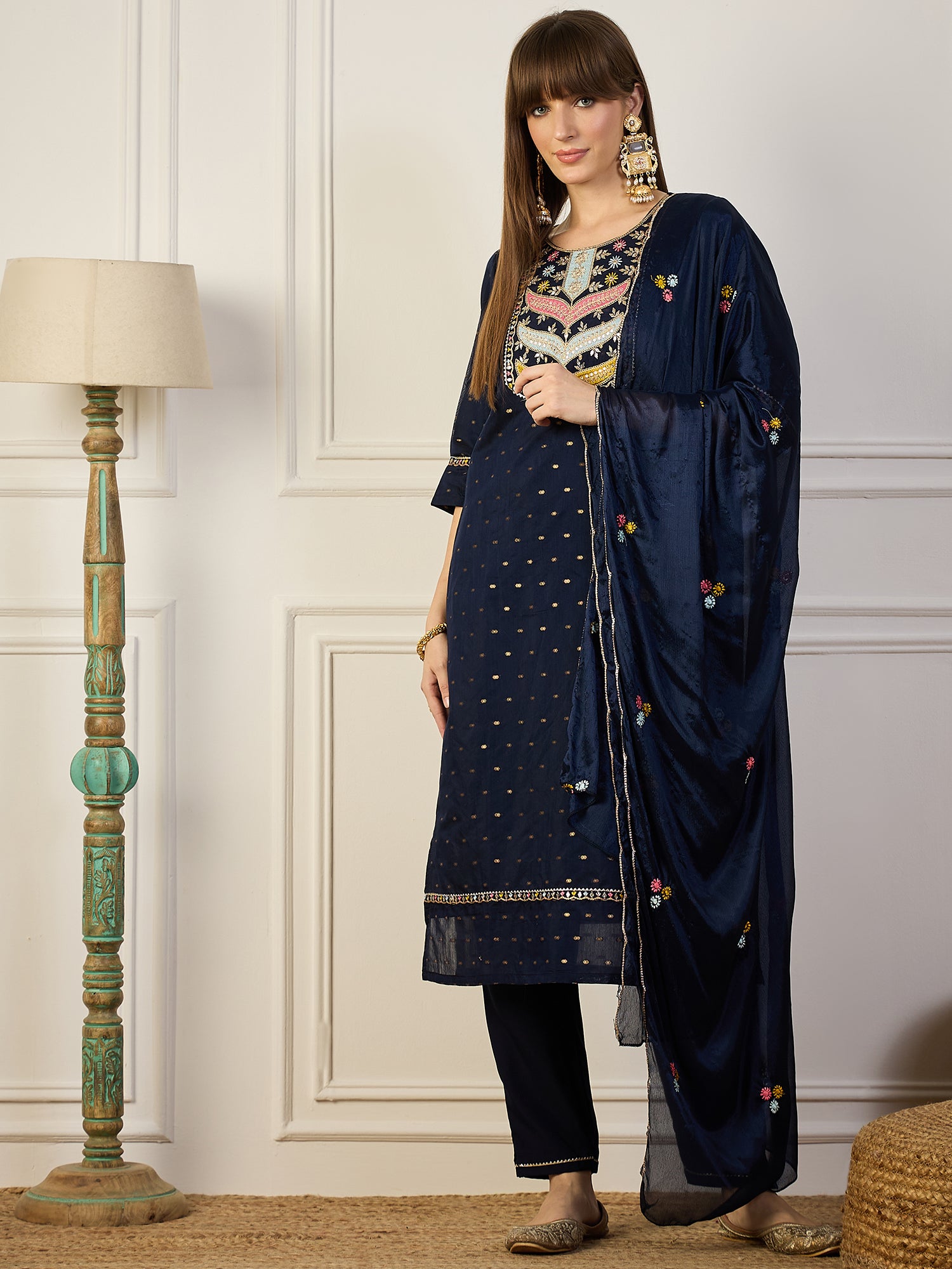 Bindiya  Blue Embroidered Chanderi Silk Kurta Set with Embroidered Dupatta