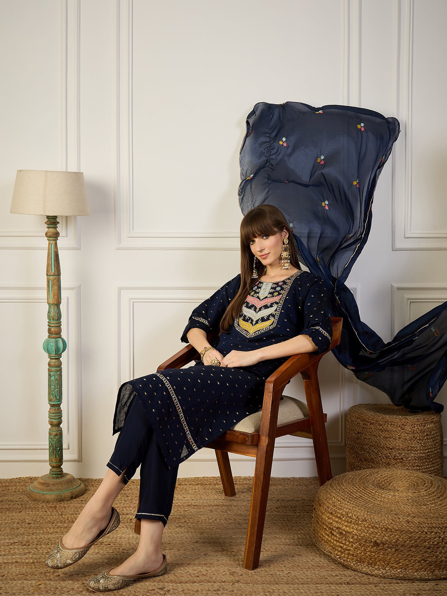 Bindiya  Blue Embroidered Chanderi Silk Kurta Set with Embroidered Dupatta