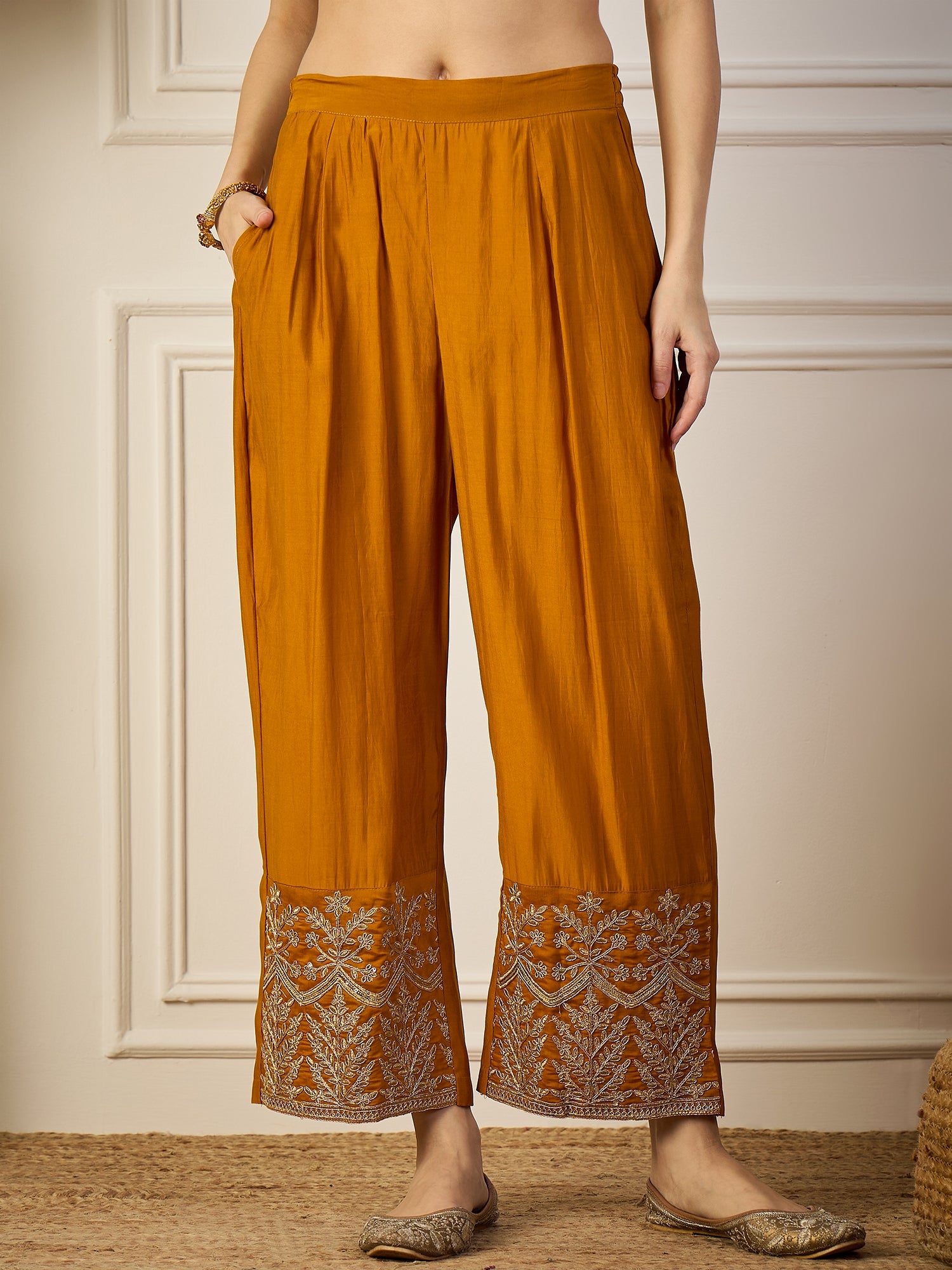 Heer Mustard Floral Embroidered Thread Work Kurta with Palazzo & Dupatta Suits