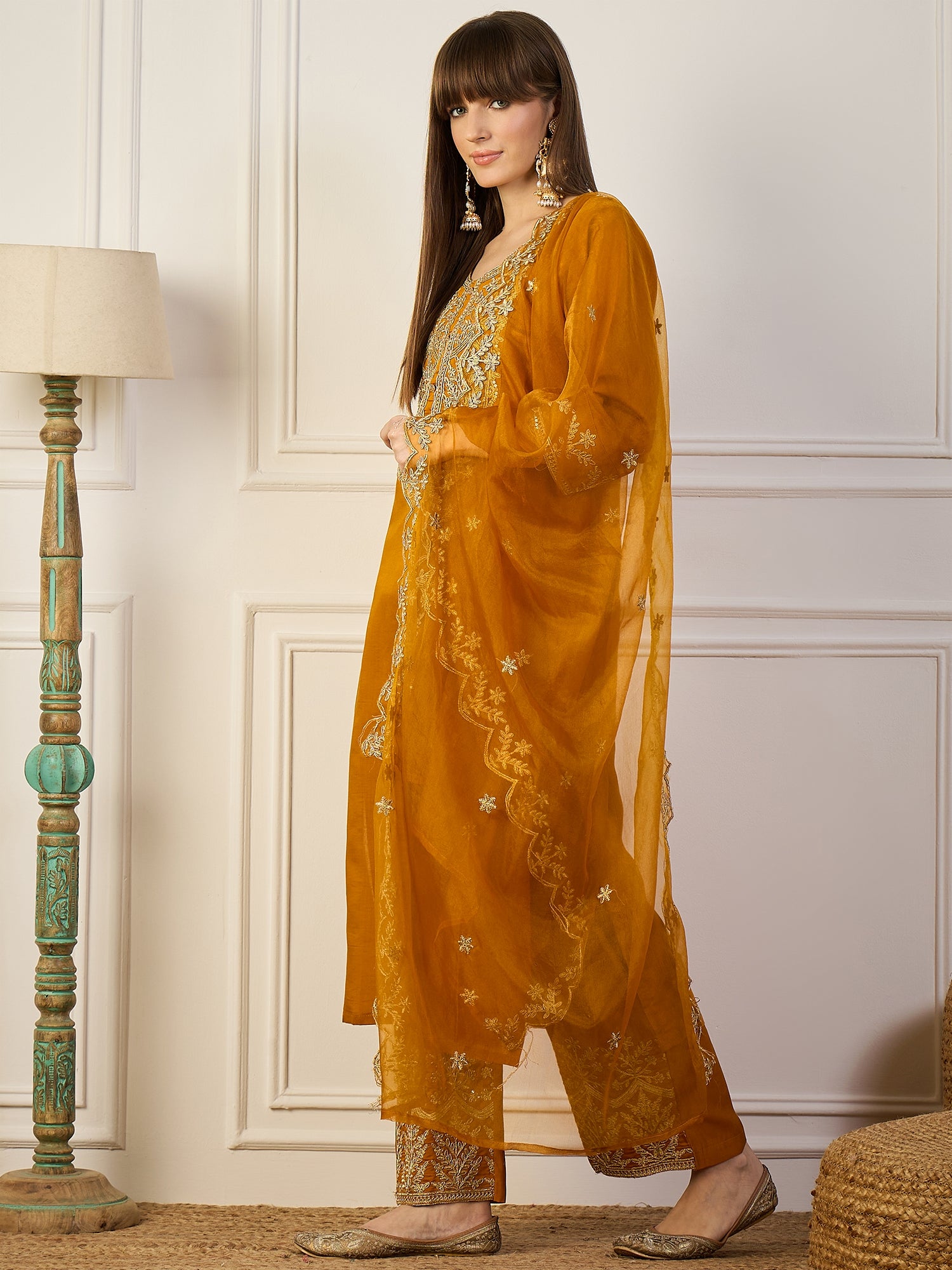 Heer Mustard Floral Embroidered Thread Work Kurta with Palazzo & Dupatta Suits