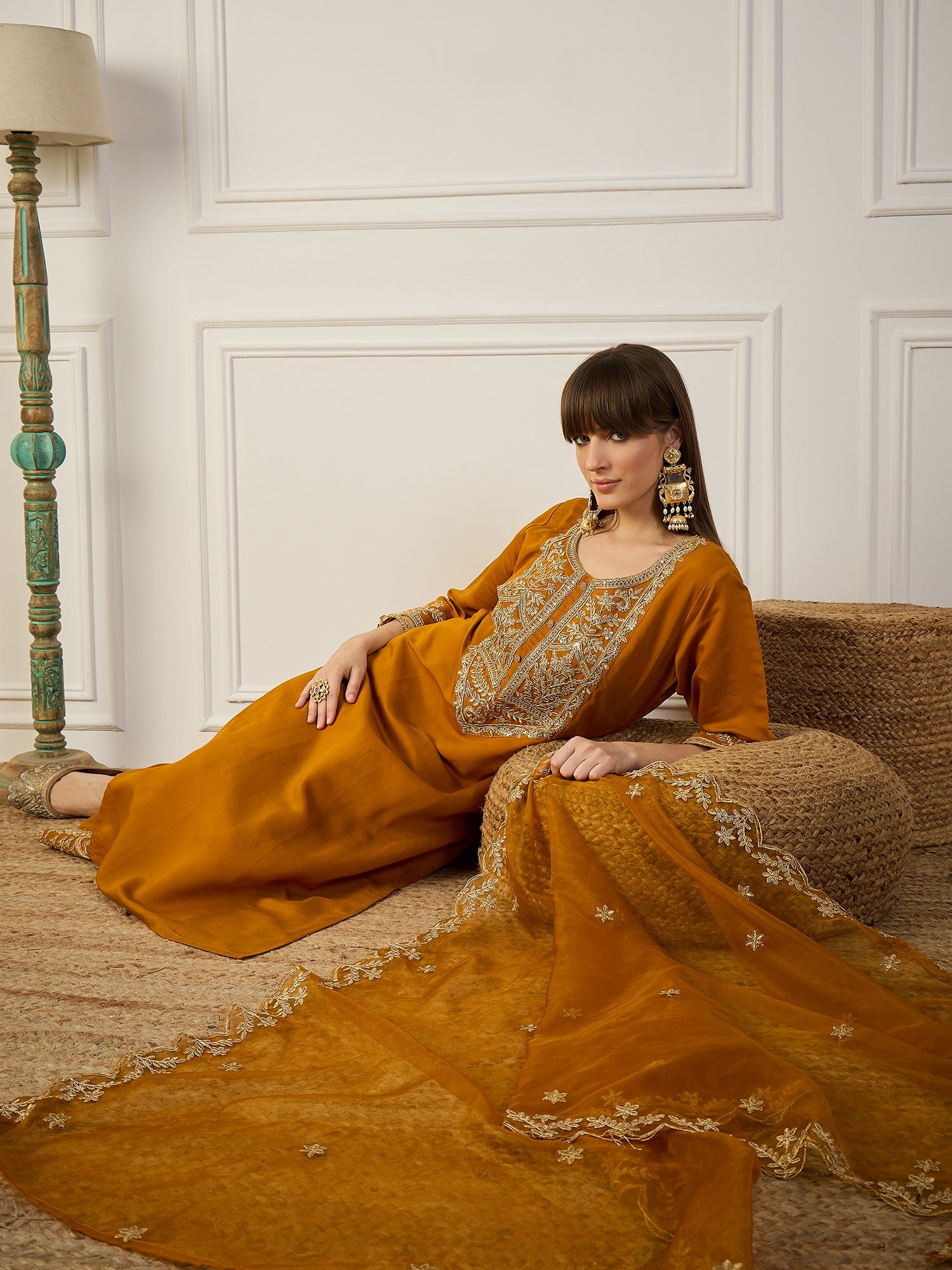 Heer Mustard Floral Embroidered Thread Work Kurta with Palazzo & Dupatta Suits