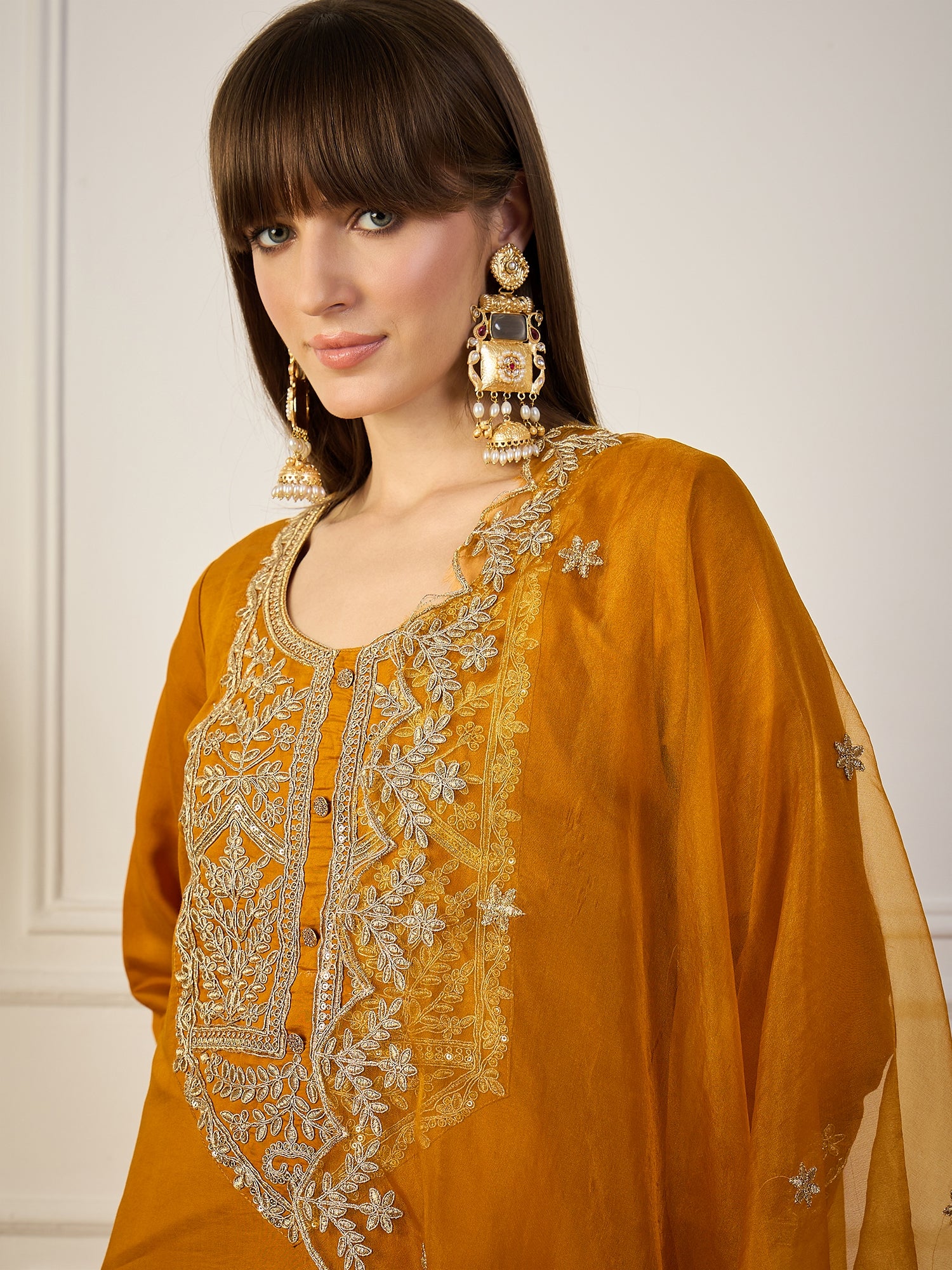 Heer Mustard Floral Embroidered Thread Work Kurta with Palazzo & Dupatta Suits