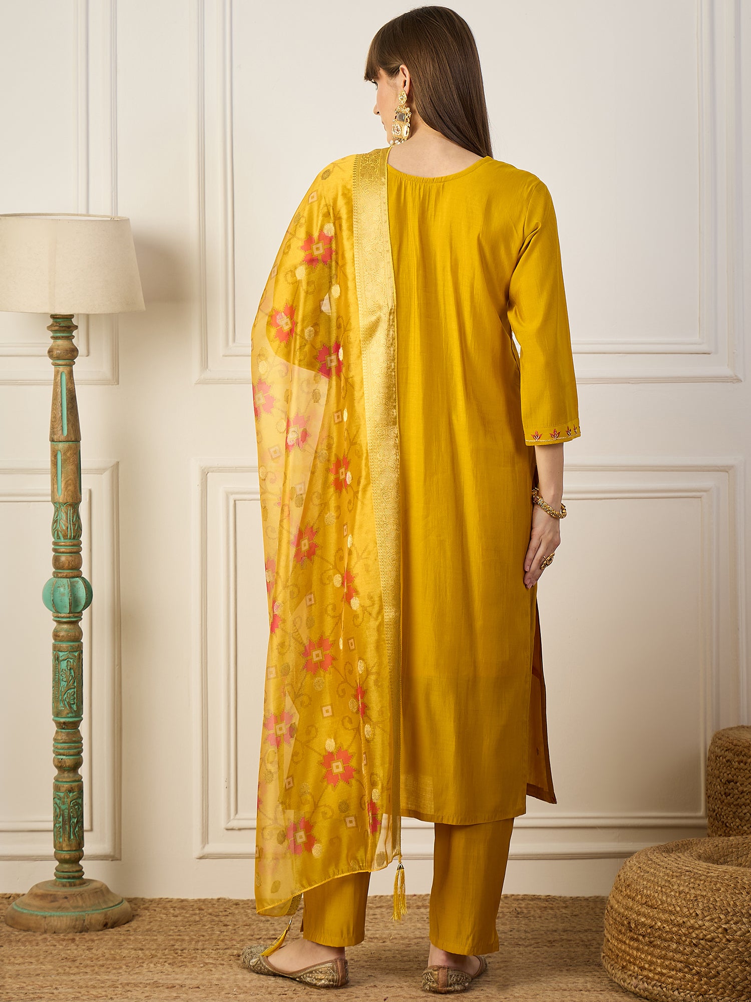 Akshara  Yellow Silk Blend Kurta Set with Beaded Embroidered Design & Organza Dupatta