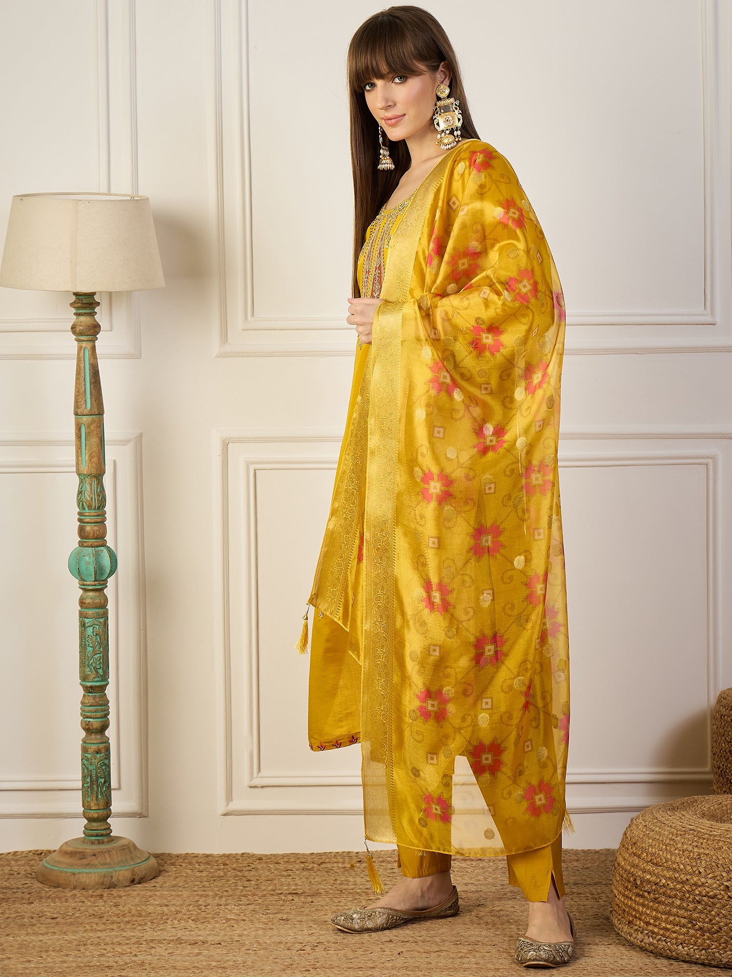 Akshara  Yellow Silk Blend Kurta Set with Beaded Embroidered Design & Organza Dupatta