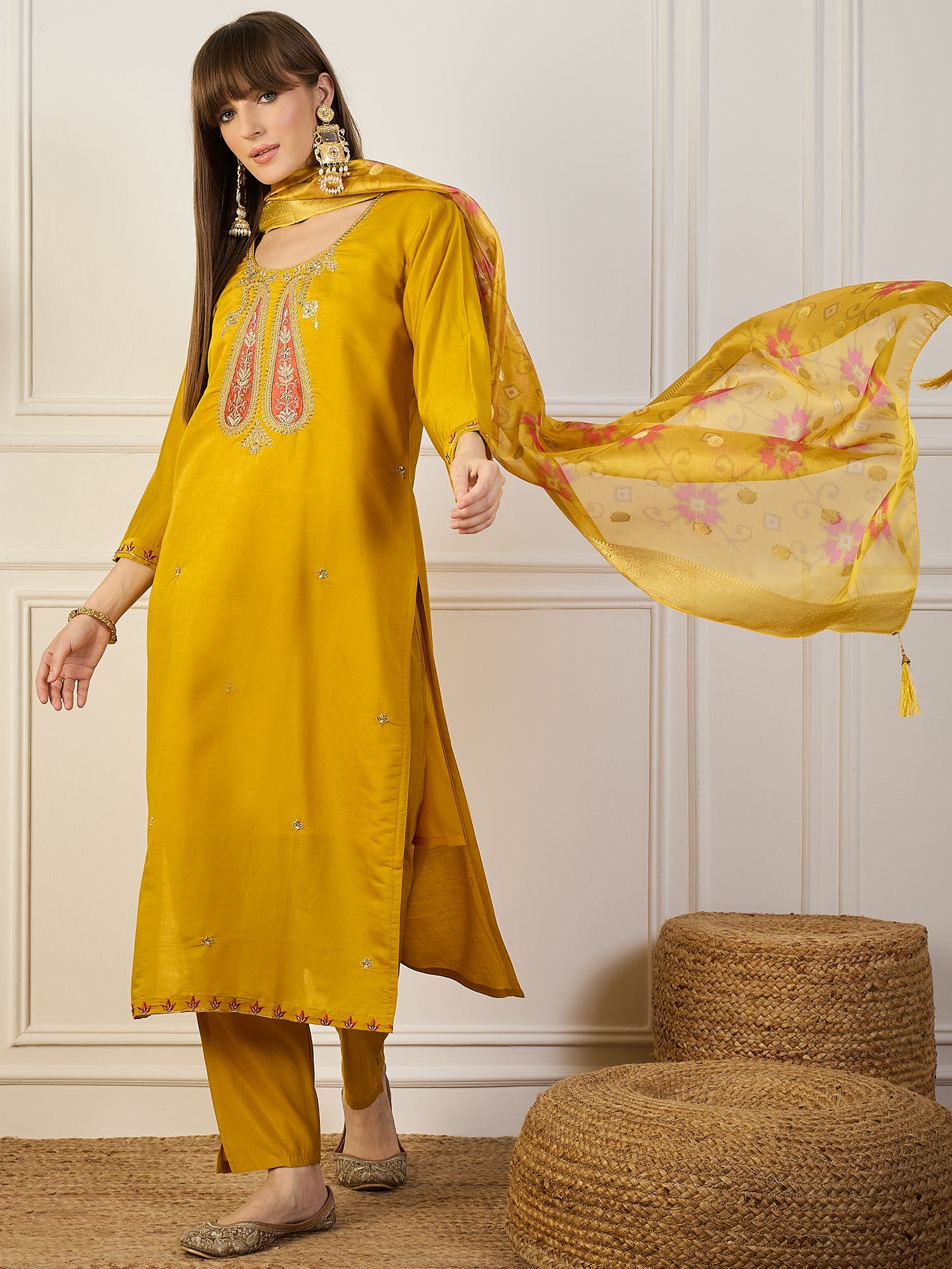 Akshara  Yellow Silk Blend Kurta Set with Beaded Embroidered Design & Organza Dupatta