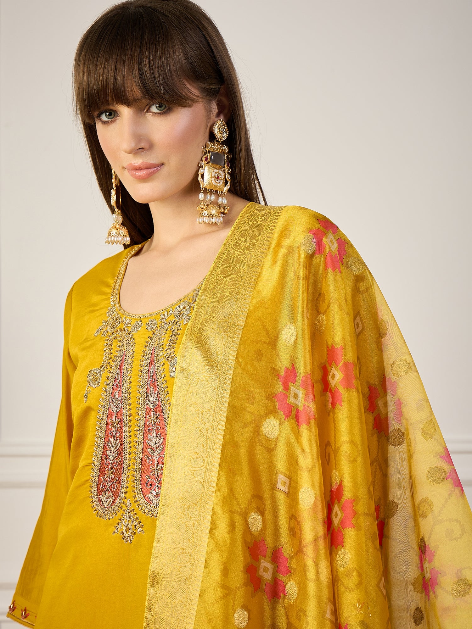Akshara  Yellow Silk Blend Kurta Set with Beaded Embroidered Design & Organza Dupatta