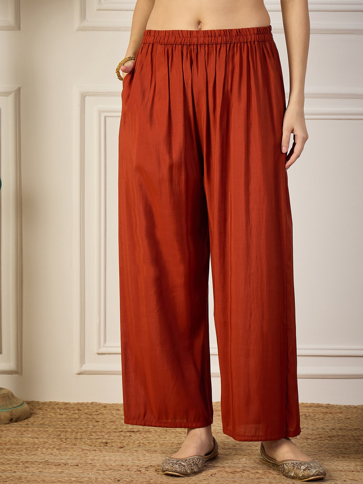 Reddish Women Anarkali Kurta with Pant & Chinon Dupatta Suits, Festive Ethnic Set