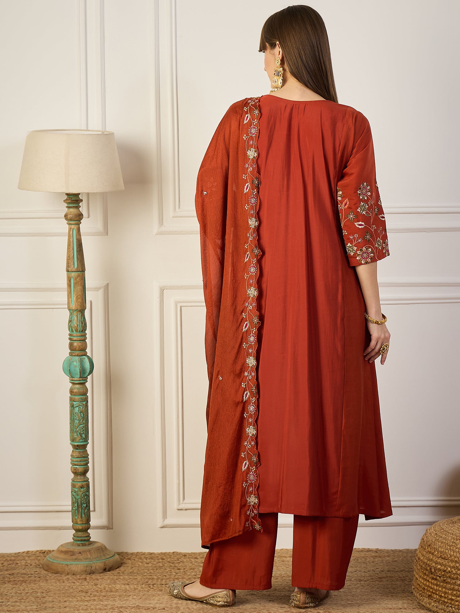 Reddish Women Anarkali Kurta with Pant & Chinon Dupatta Suits, Festive Ethnic Set