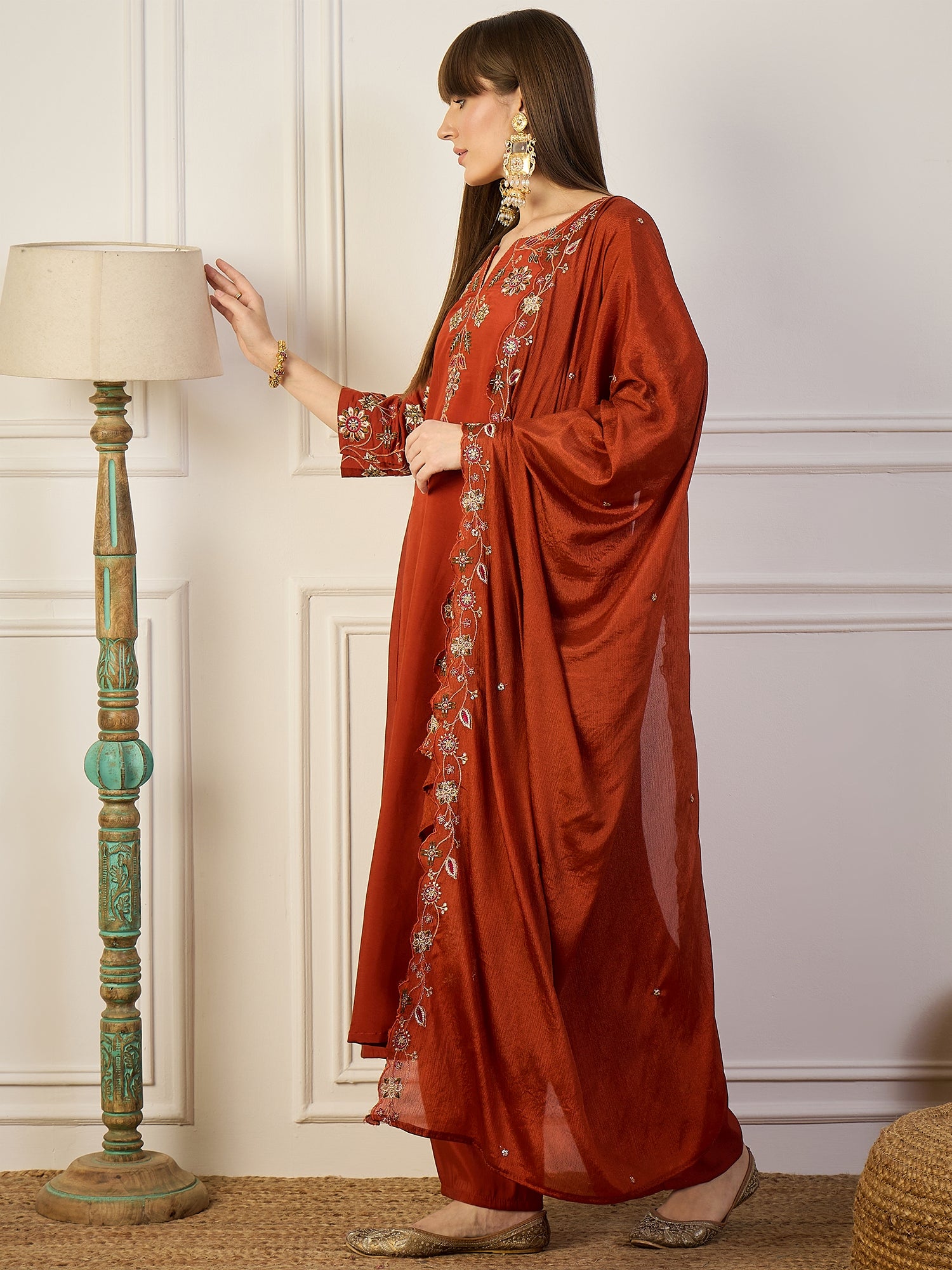 Reddish Women Anarkali Kurta with Pant & Chinon Dupatta Suits, Festive Ethnic Set