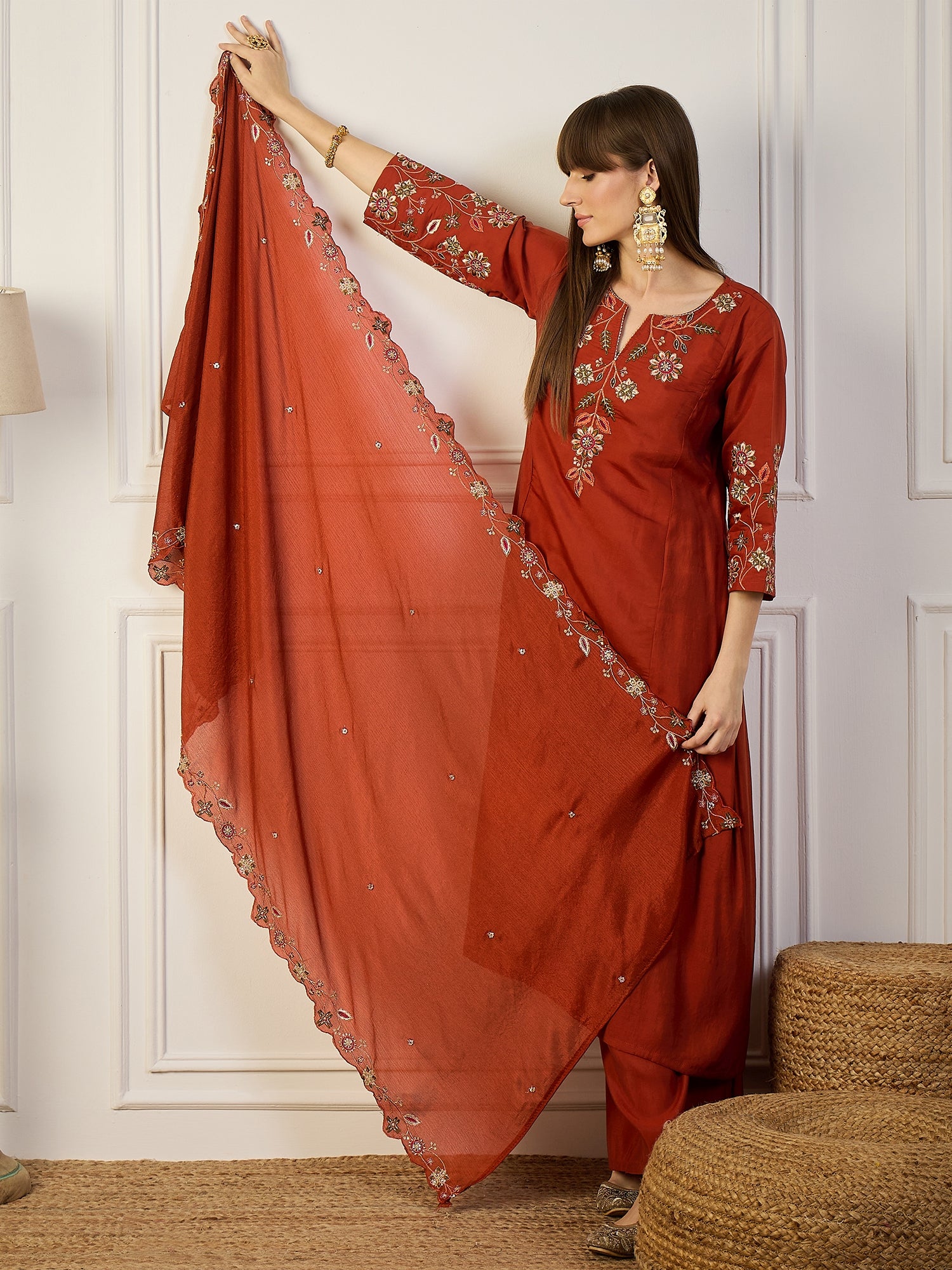 Reddish Women Anarkali Kurta with Pant & Chinon Dupatta Suits, Festive Ethnic Set