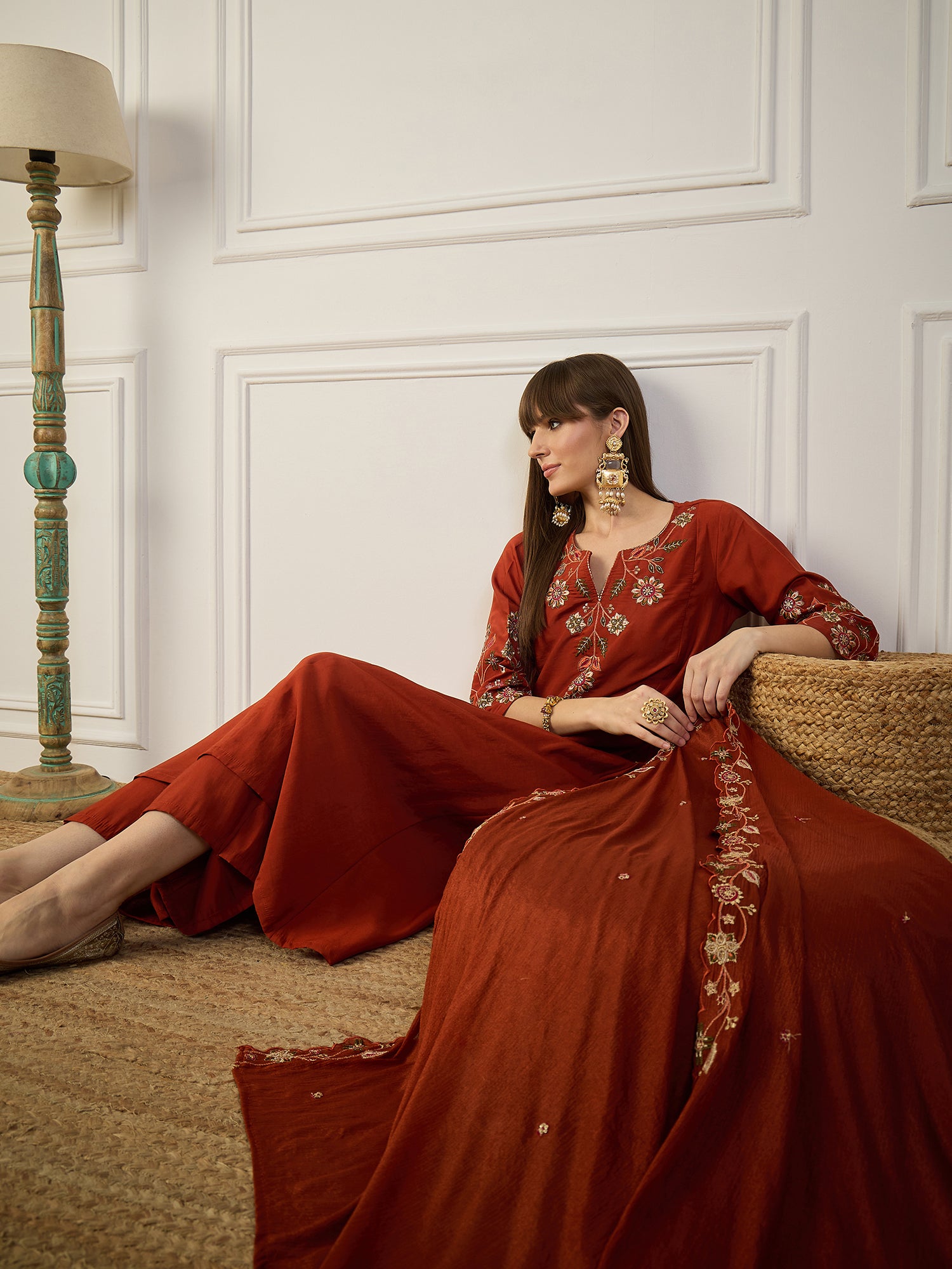 Reddish Women Anarkali Kurta with Pant & Chinon Dupatta Suits, Festive Ethnic Set