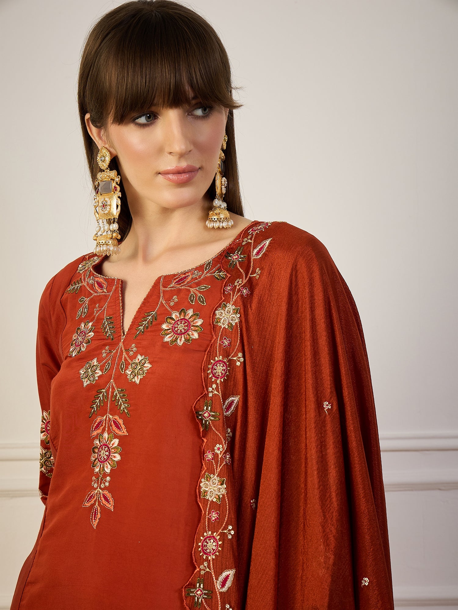 Reddish Women Anarkali Kurta with Pant & Chinon Dupatta Suits, Festive Ethnic Set