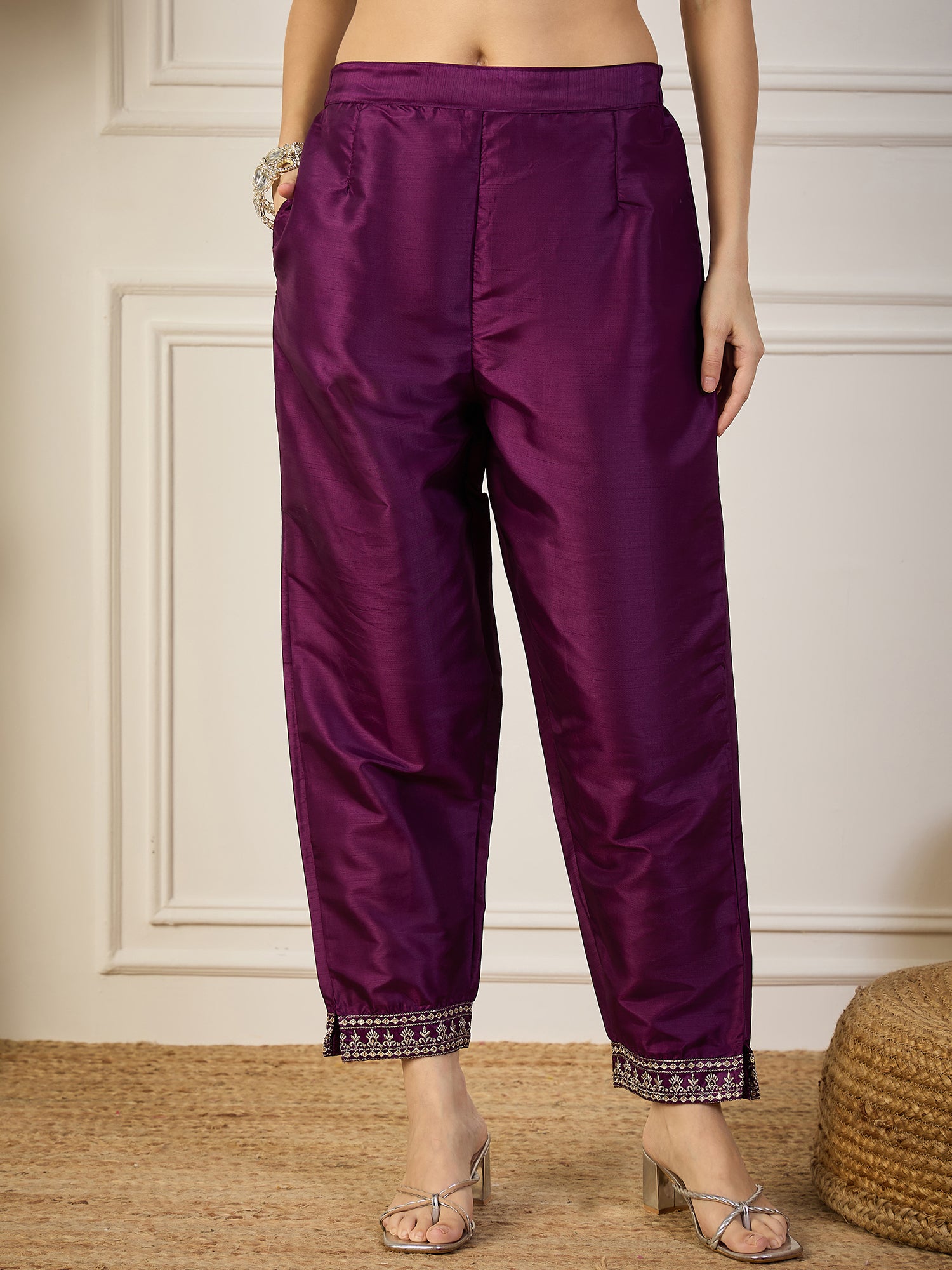 Saanjh Purple Silk Blend Kurta and Trouser Set with Organza Dupatta