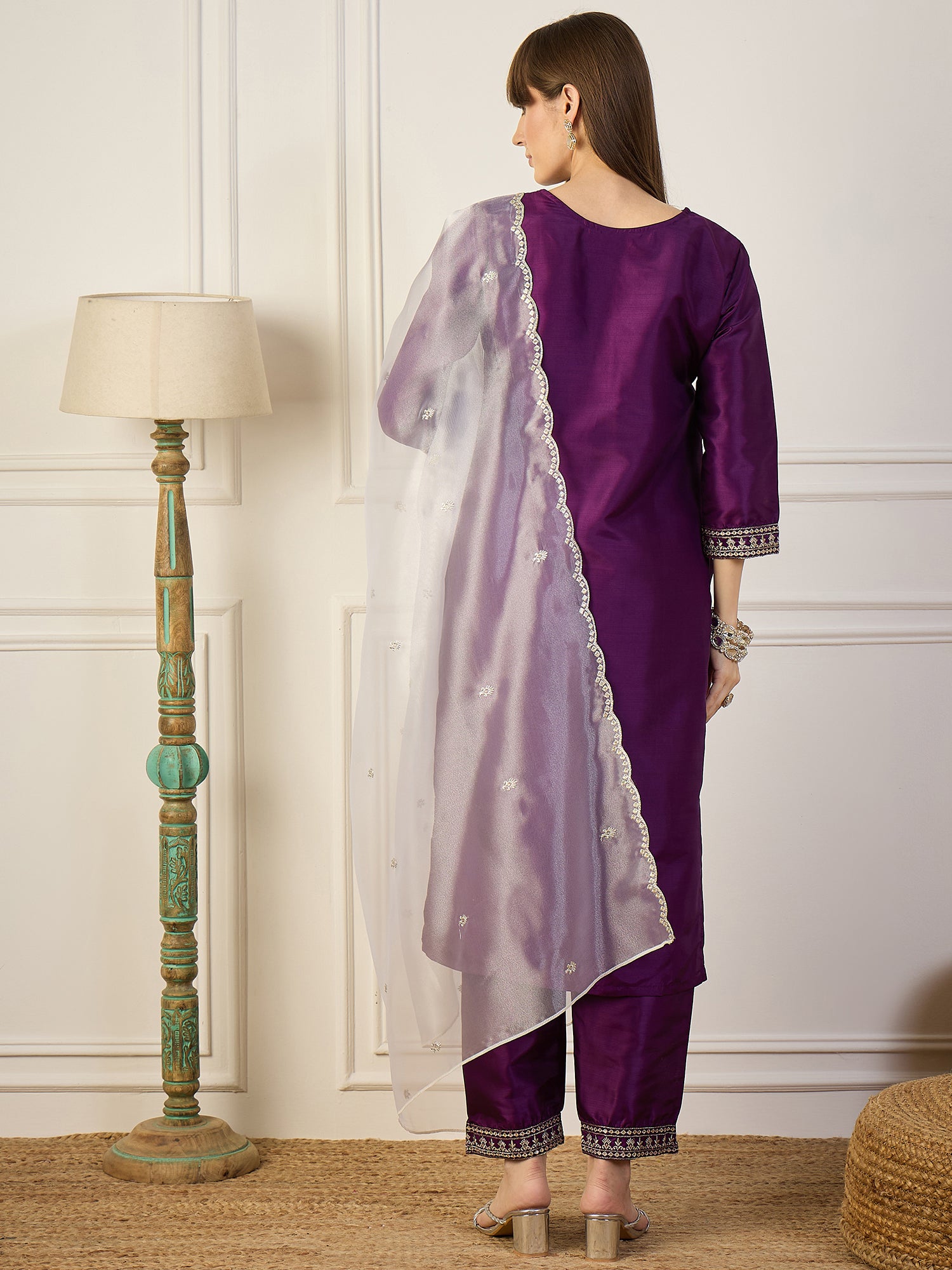 Saanjh Purple Silk Blend Kurta and Trouser Set with Organza Dupatta