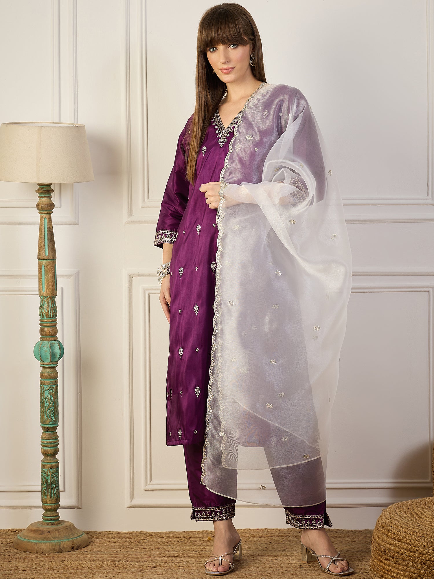 Saanjh Purple Silk Blend Kurta and Trouser Set with Organza Dupatta