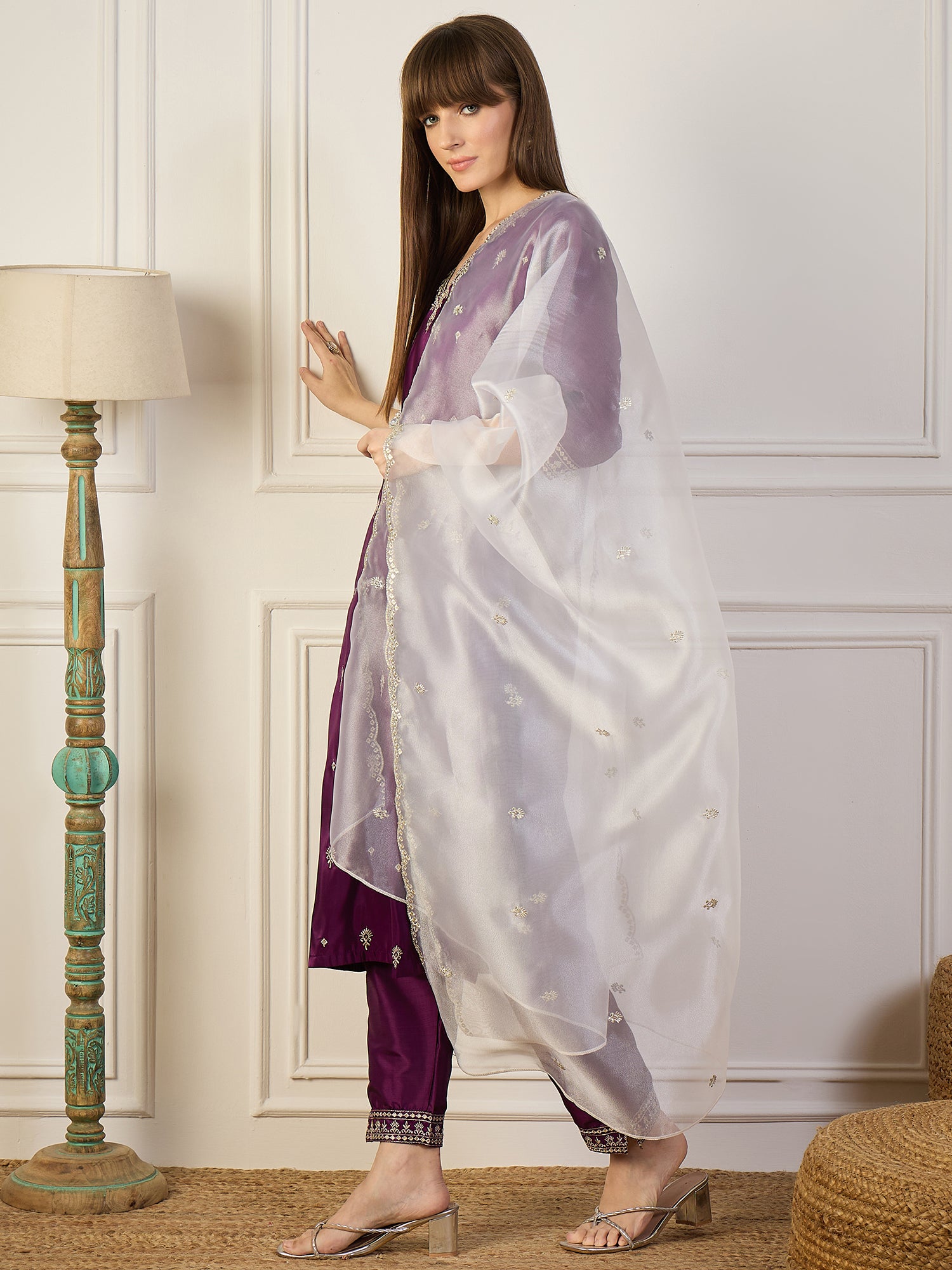 Saanjh Purple Silk Blend Kurta and Trouser Set with Organza Dupatta
