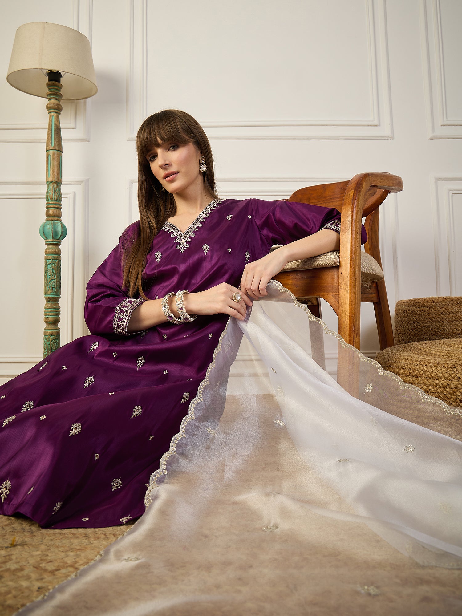 Saanjh Purple Silk Blend Kurta and Trouser Set with Organza Dupatta