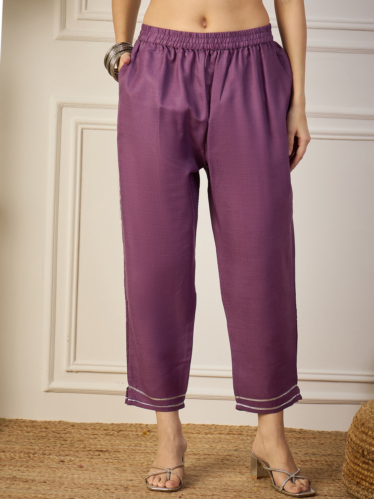 Shanti Lavender Women Kurta and Pant Sets Cotton Blend Fabric