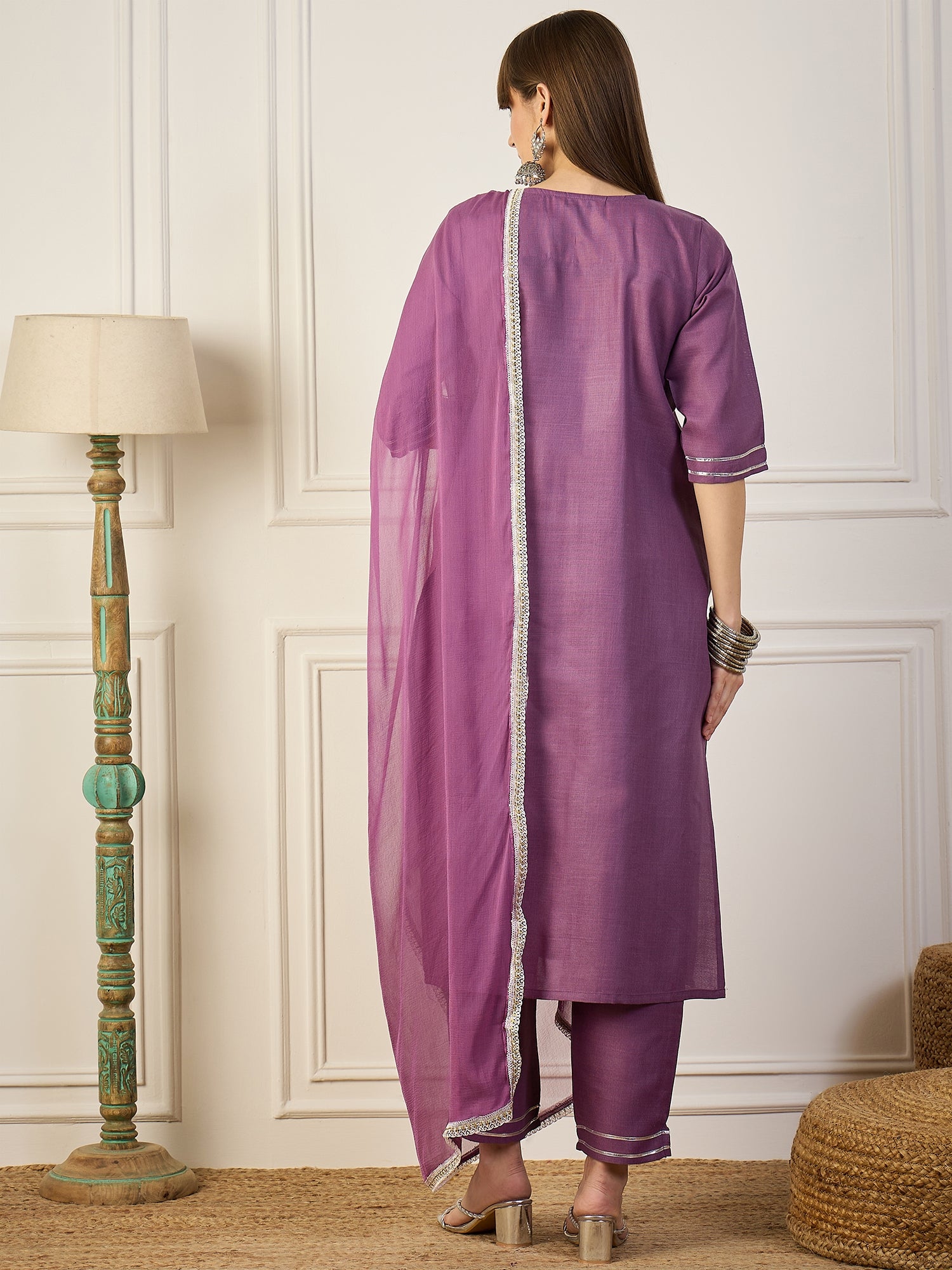 Shanti Lavender Women Kurta and Pant Sets Cotton Blend Fabric