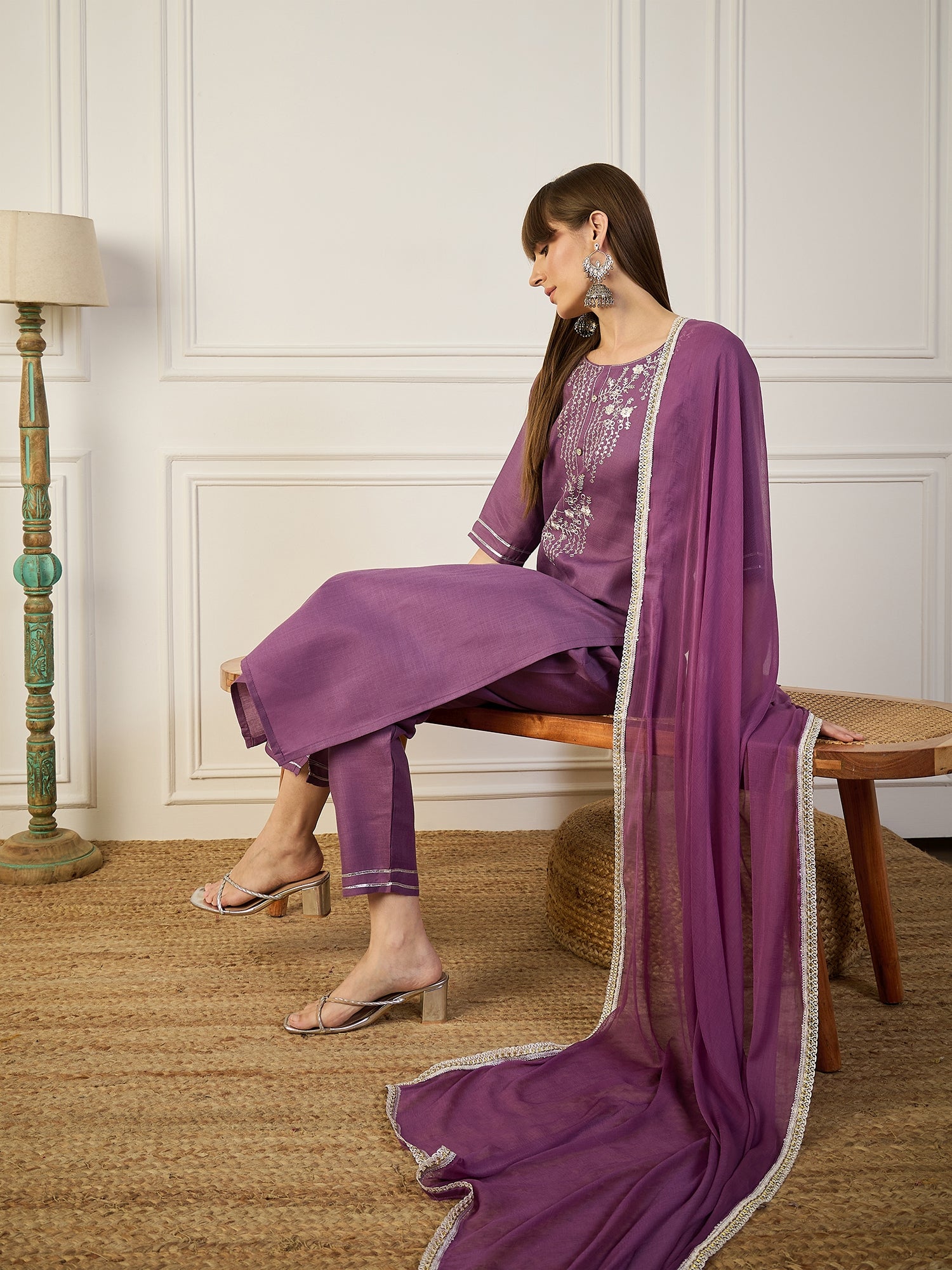 Shanti Lavender Women Kurta and Pant Sets Cotton Blend Fabric