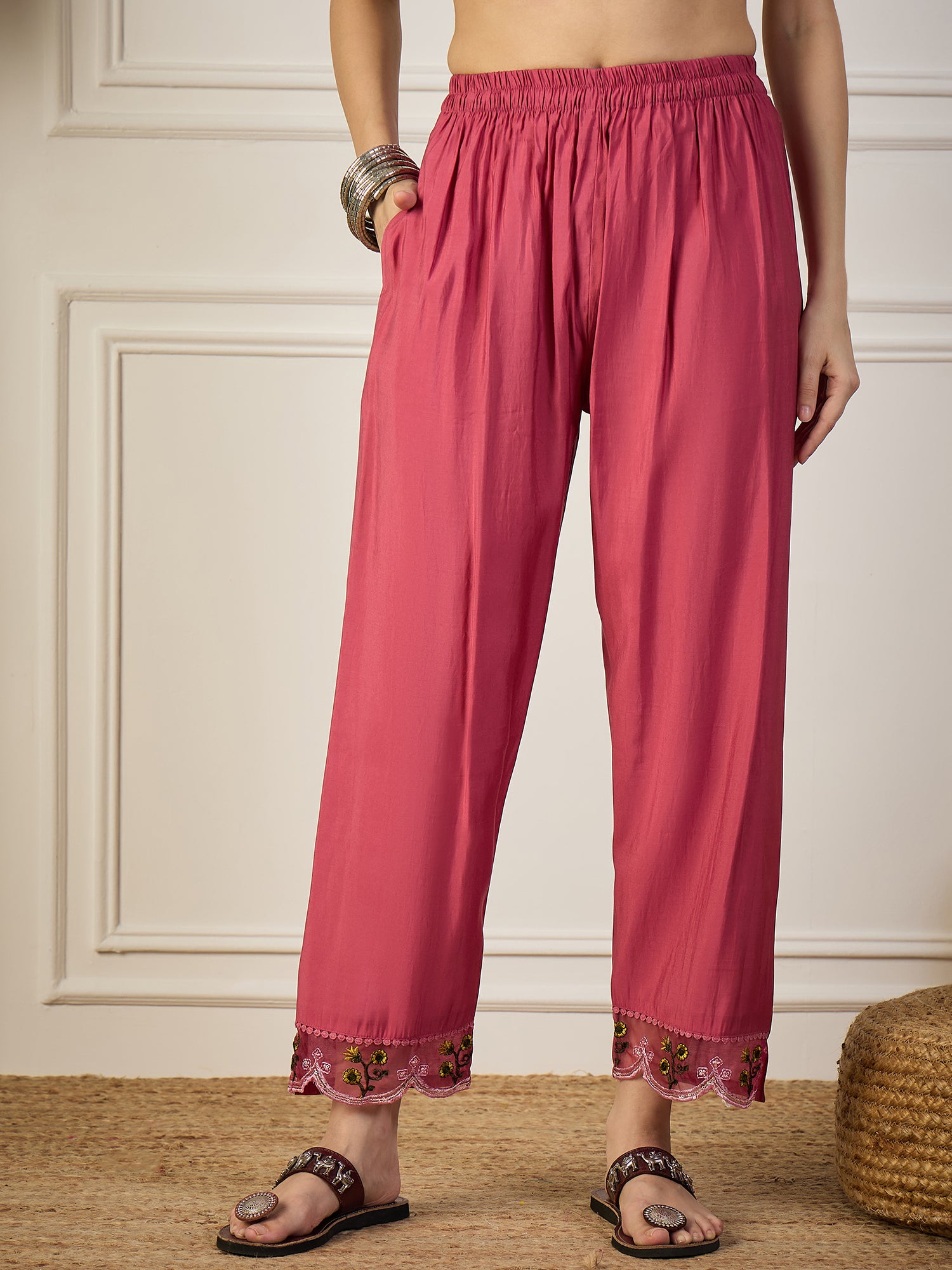 Kalki Pink Floral Embroidered Straight Kurta With Trouser And Dupatta