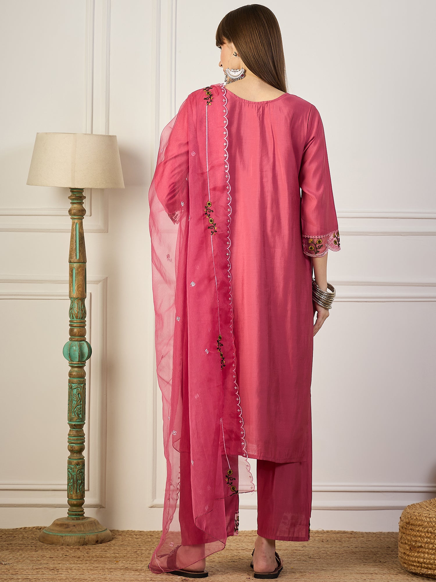 Kalki Pink Floral Embroidered Straight Kurta With Trouser And Dupatta