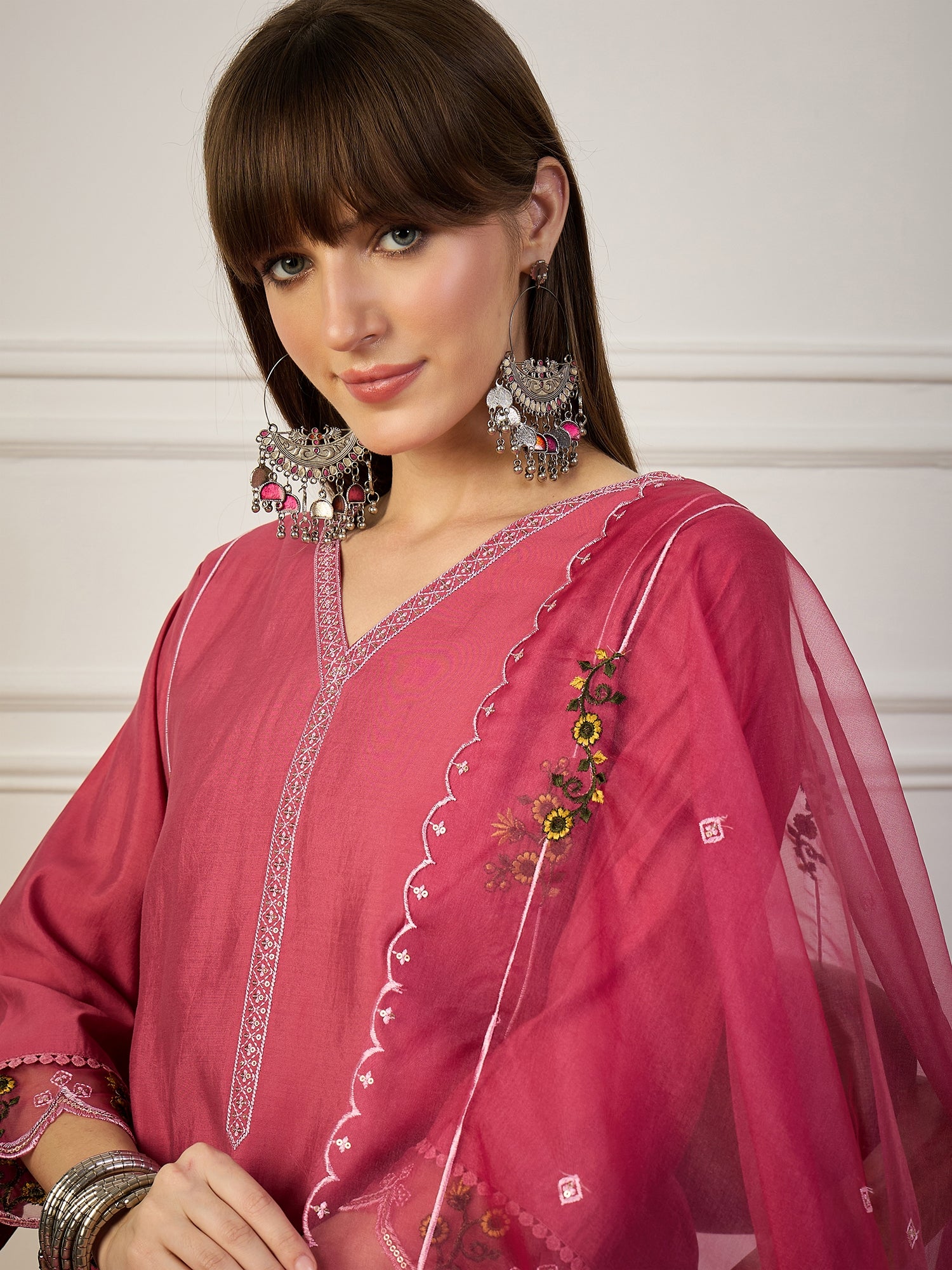 Kalki Pink Floral Embroidered Straight Kurta With Trouser And Dupatta