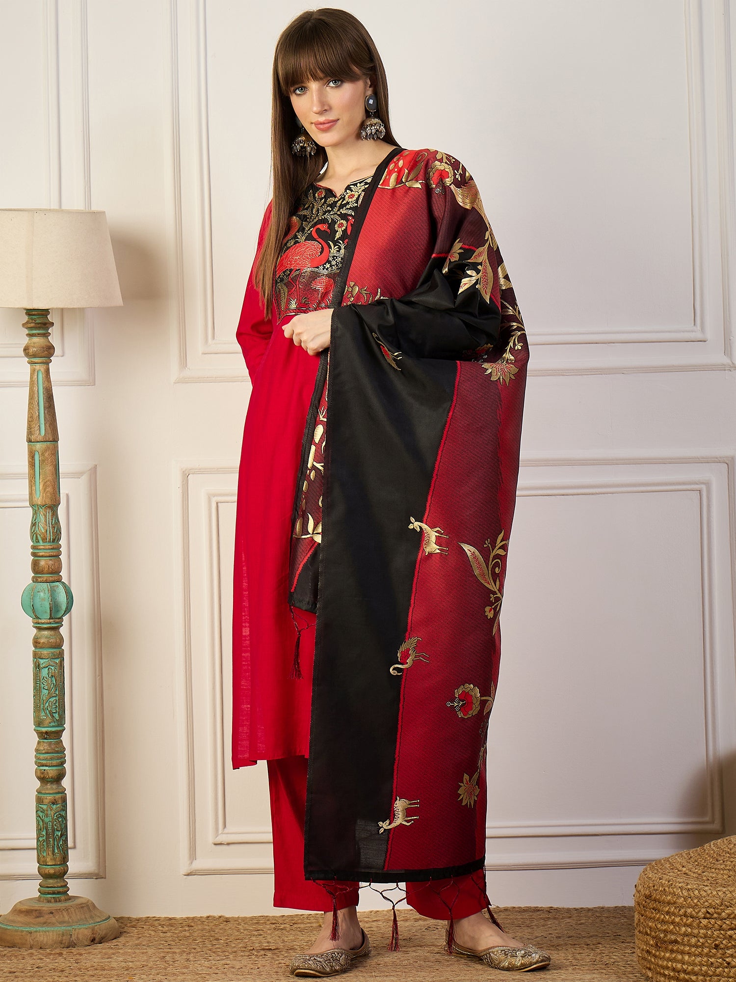 Sitara Red and Black Cotton Silk Blend Kurta Set With Jacquard Woven Meenakari Dupatta