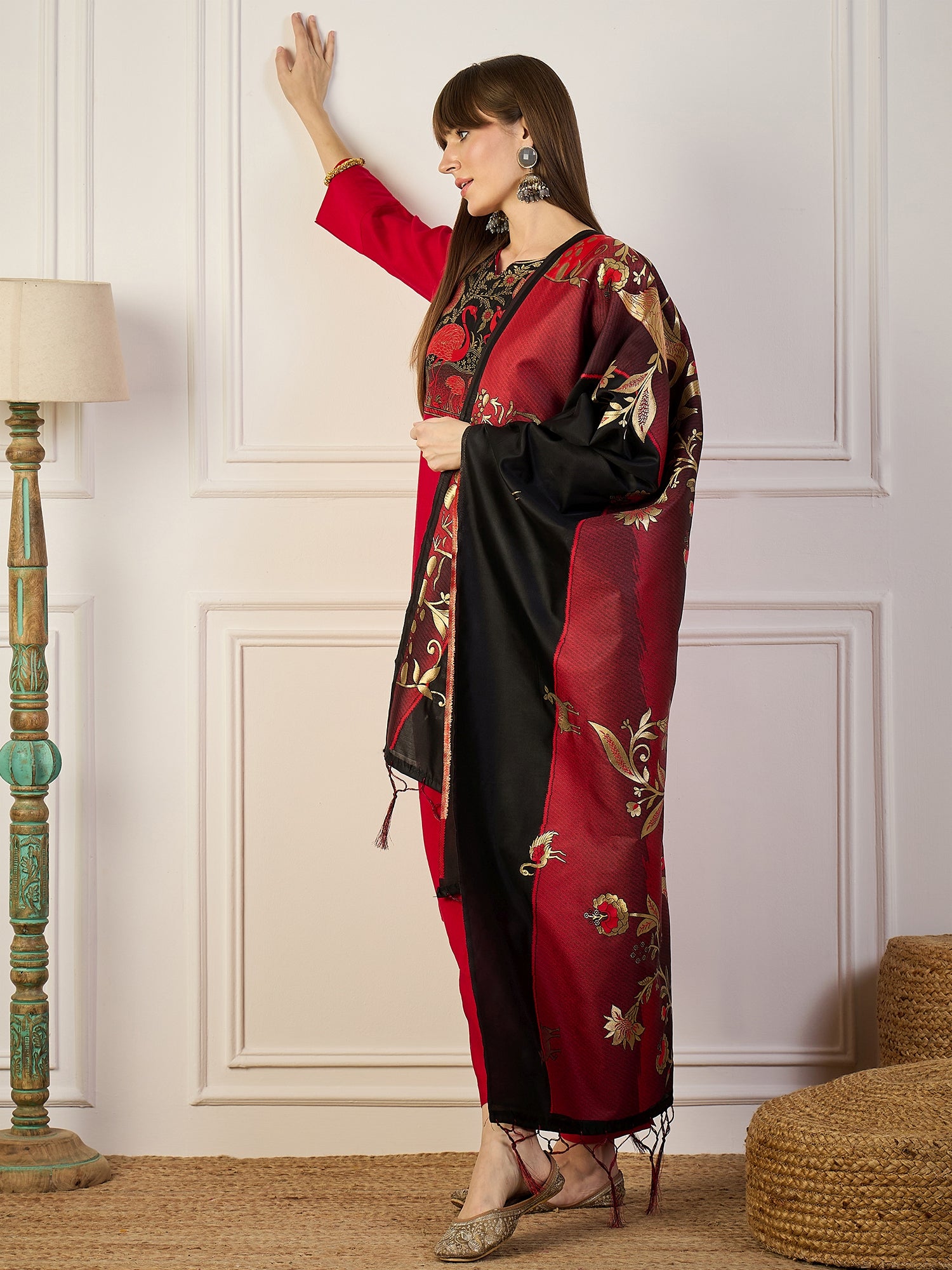 Sitara Red and Black Cotton Silk Blend Kurta Set With Jacquard Woven Meenakari Dupatta