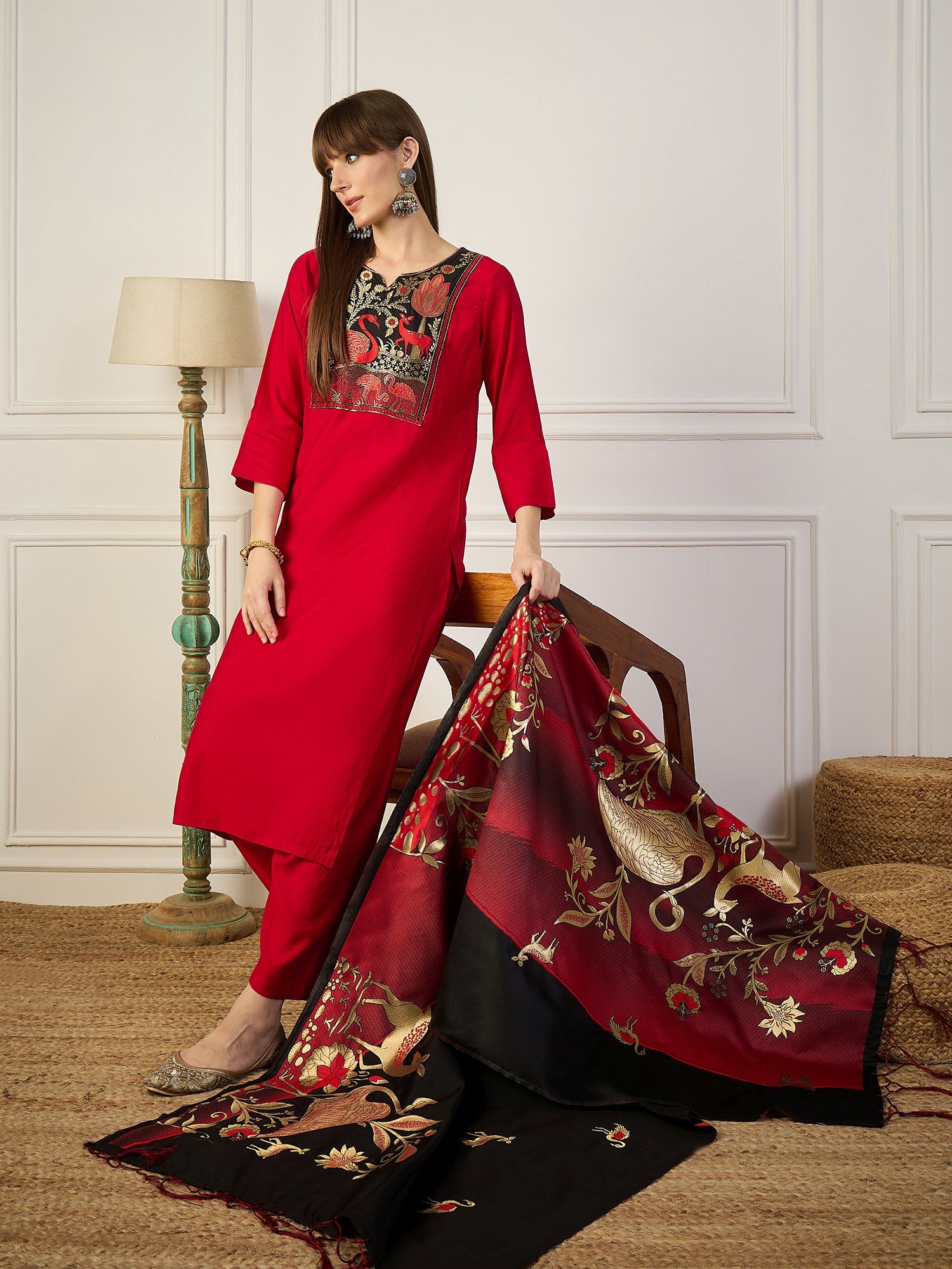 Sitara Red and Black Cotton Silk Blend Kurta Set With Jacquard Woven Meenakari Dupatta