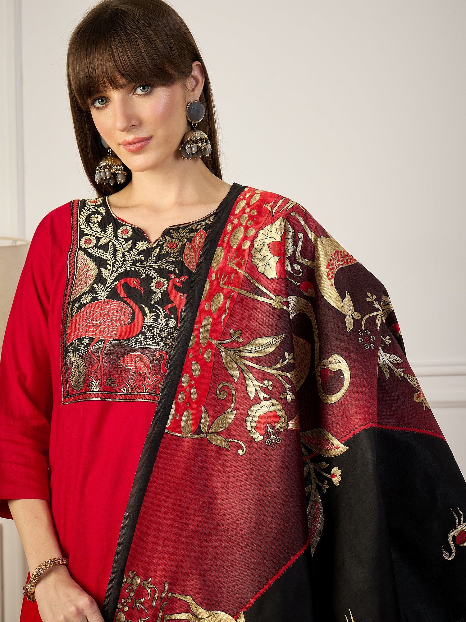 Sitara Red and Black Cotton Silk Blend Kurta Set With Jacquard Woven Meenakari Dupatta