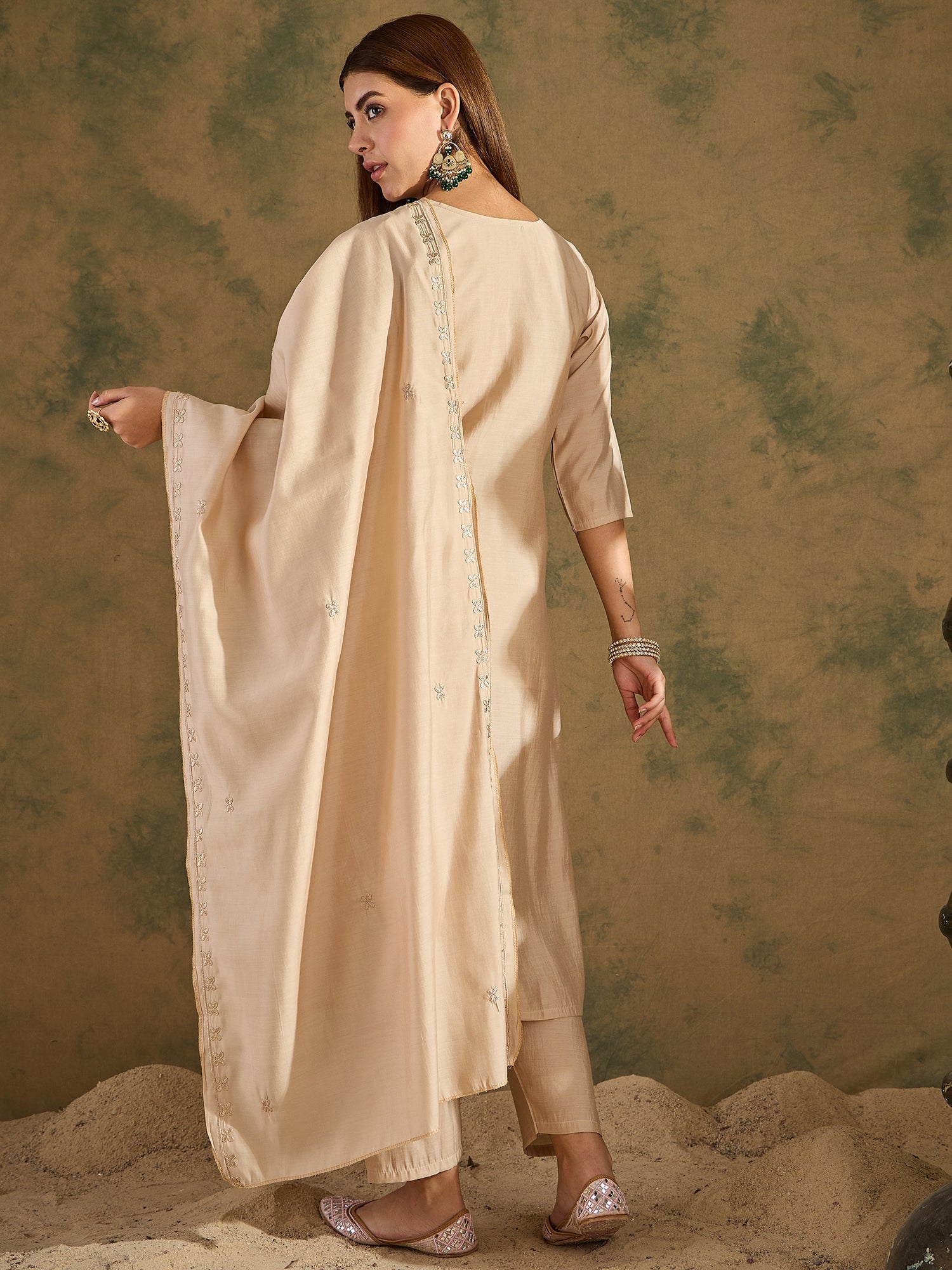 Smira Beige Kurta and Pant Dupatta Sets Silk Blend Fabrics with Embroidery