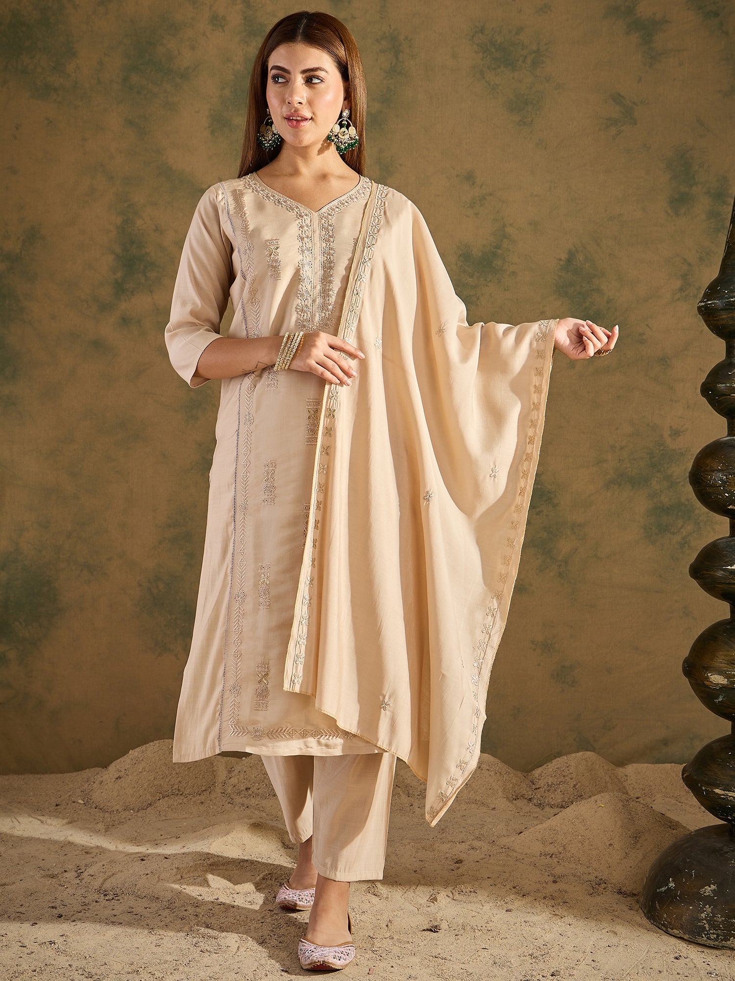 Smira Beige Kurta and Pant Dupatta Sets Silk Blend Fabrics with Embroidery