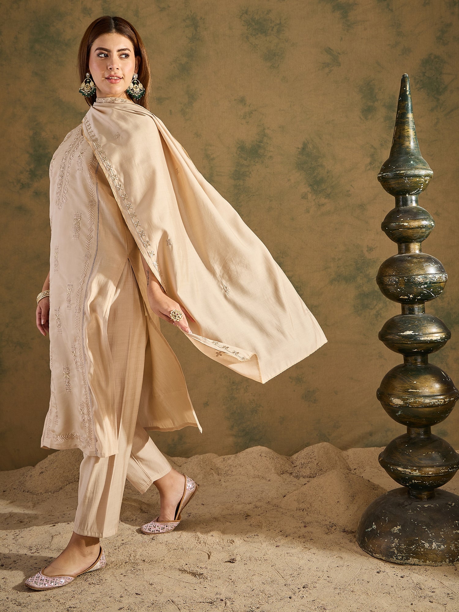 Smira Beige Kurta and Pant Dupatta Sets Silk Blend Fabrics with Embroidery