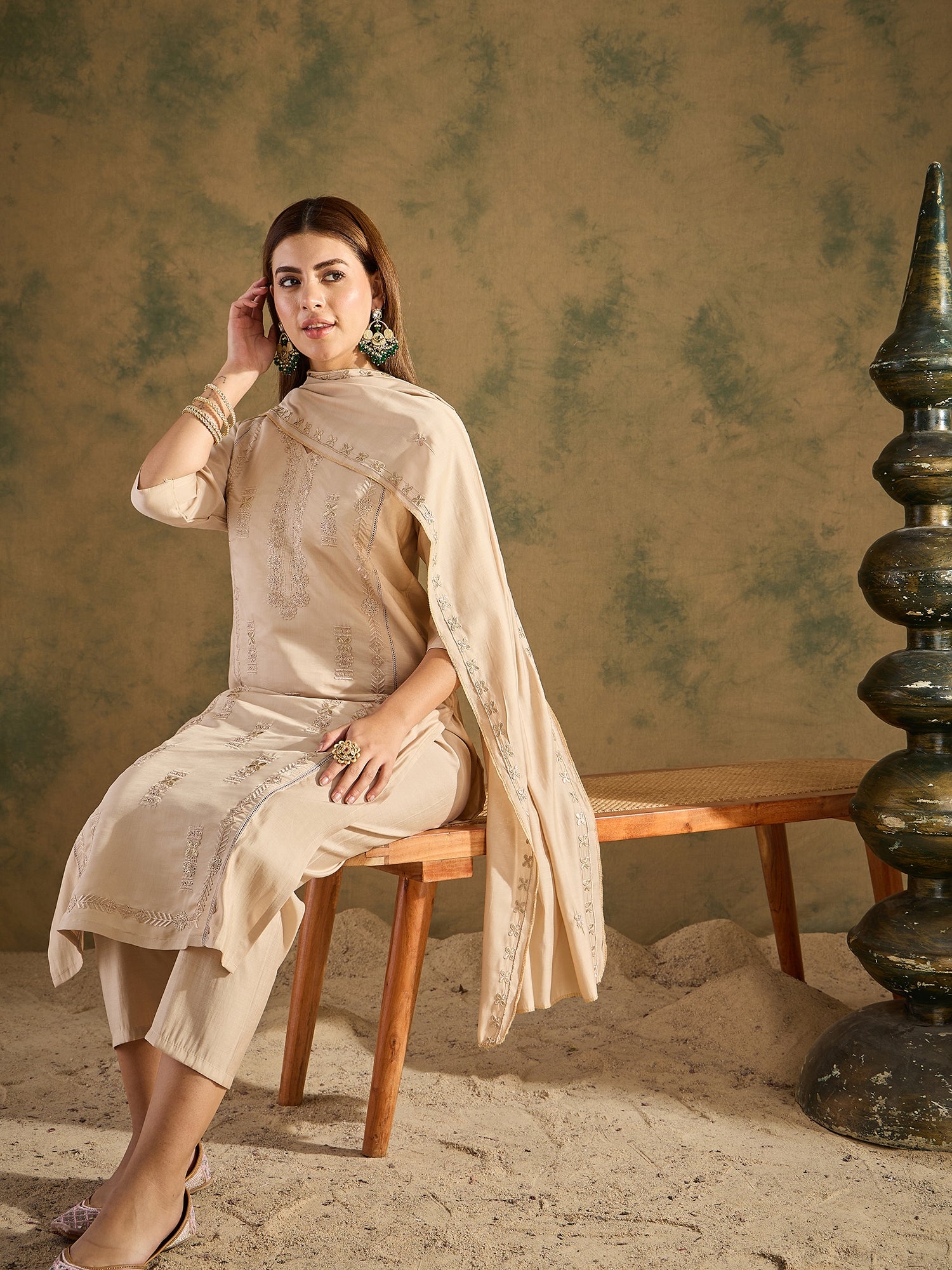 Smira Beige Kurta and Pant Dupatta Sets Silk Blend Fabrics with Embroidery