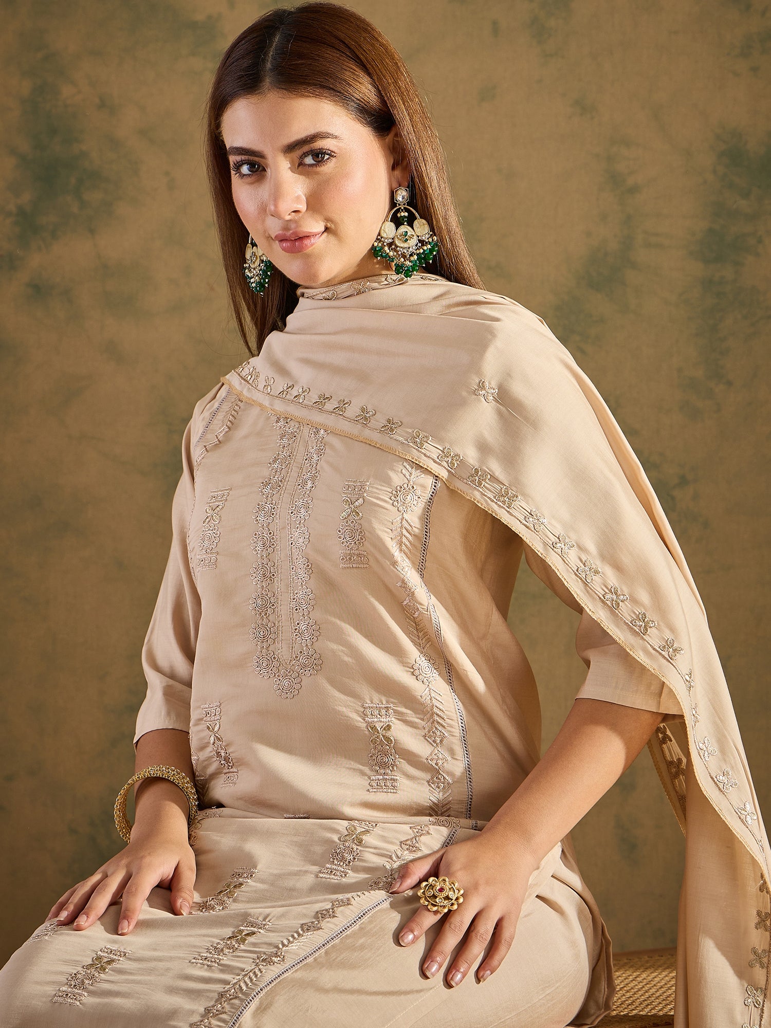 Smira Beige Kurta and Pant Dupatta Sets Silk Blend Fabrics with Embroidery